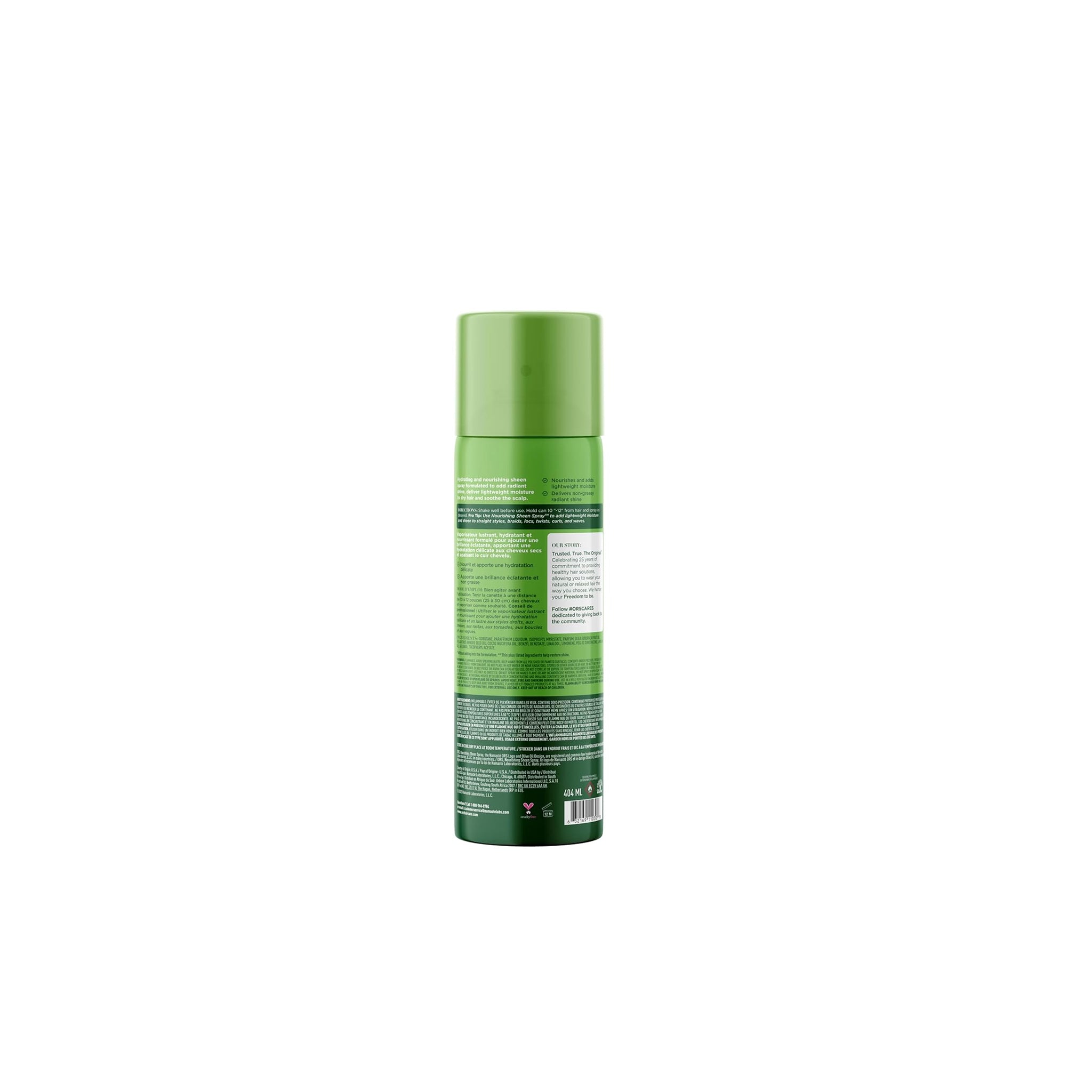Bagside af ORS Olive Oil Nourishing Sheen Spray med kokosolie i en grøn sprayflaske. Giver glans og pleje til håret.