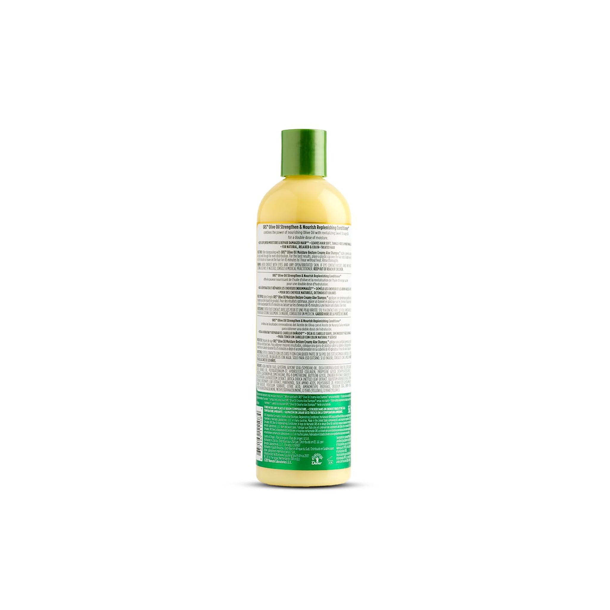 ORS Olive Oil Replenishing Conditioner (362 ml) - Bagside med ingredienser som olivenolie, sød appelsinolie og andre plejende elementer.