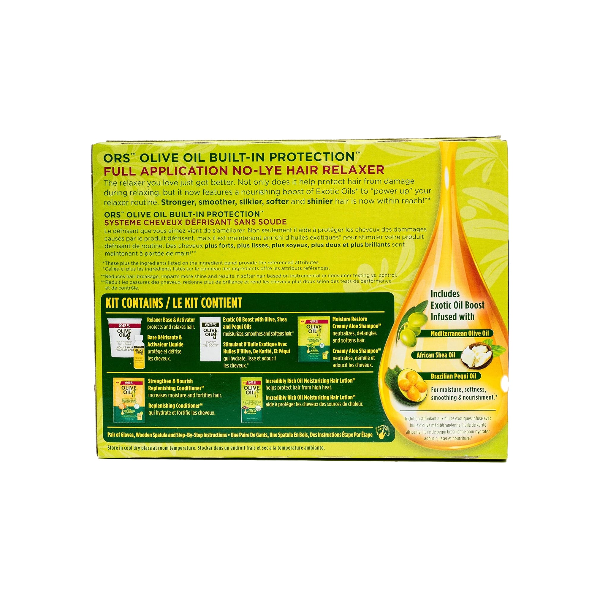 Bagsiden af ORS Olive Oil No-Lye Hair Relaxer Kit (Extra Strength) med information om ingredienser, brugsanvisning og fordele som at reducere knækket hår og give mere glans.