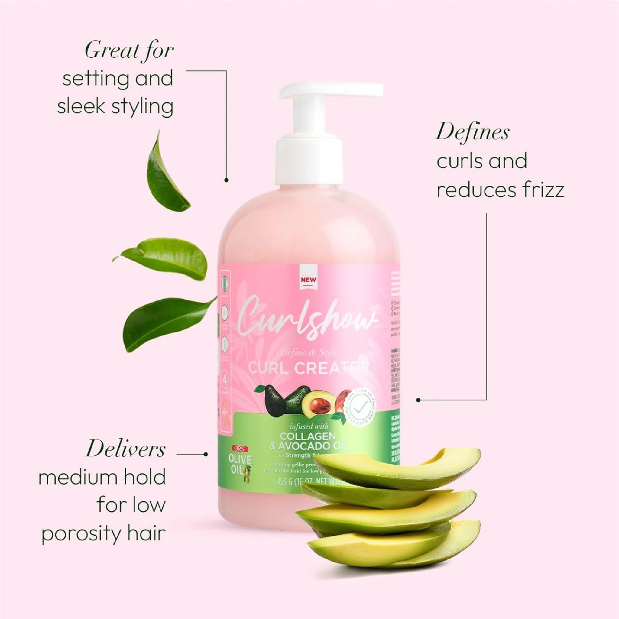 ORS Curlshow Curl Creator pumpeflaske med collagen og avocadoolie, omgivet af avocadoskiver og grønne blade.