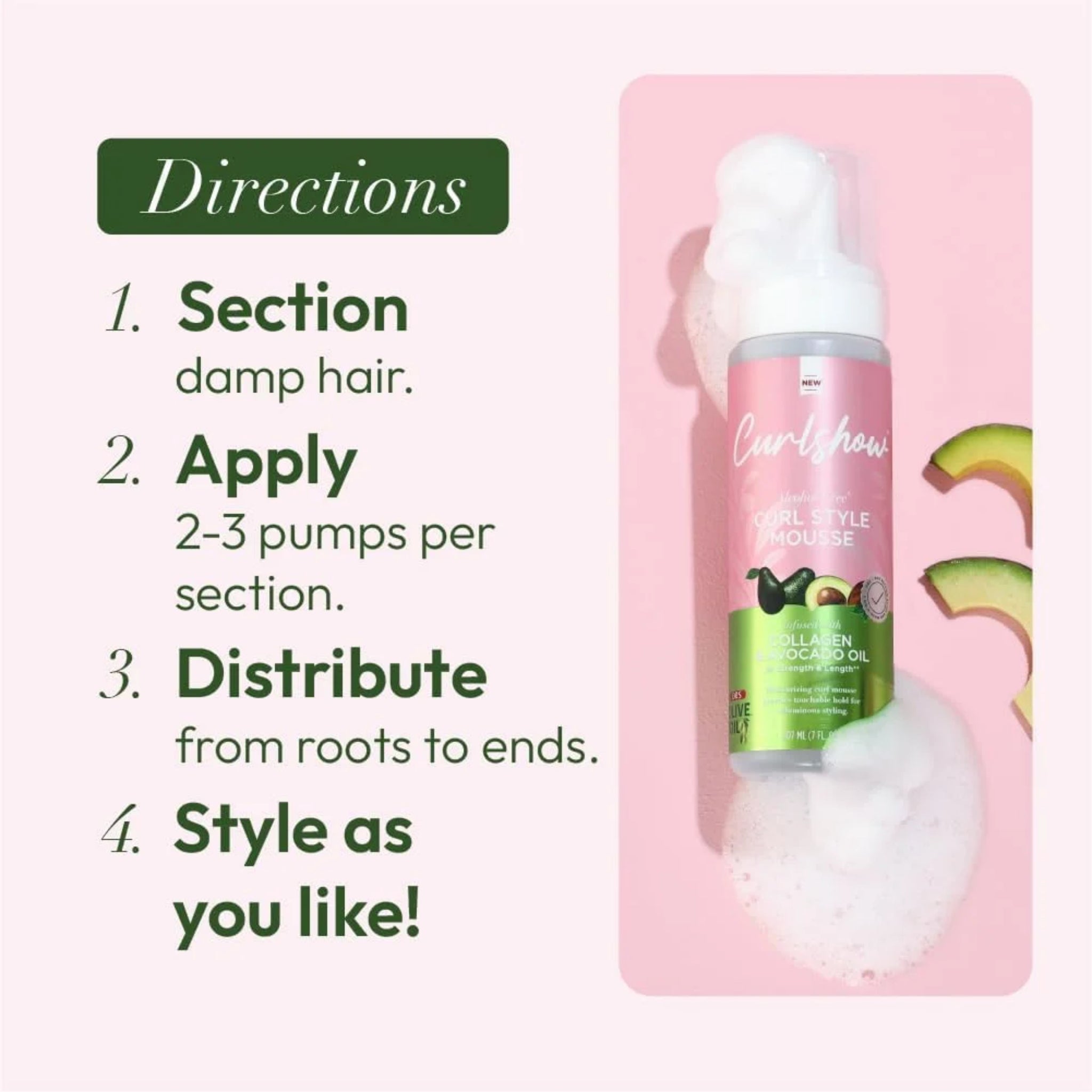 Curlshow Curl Style Mousse-flaske med skum og avocadoskiver ved siden af trin-for-trin brugsanvisning i fire punkter.