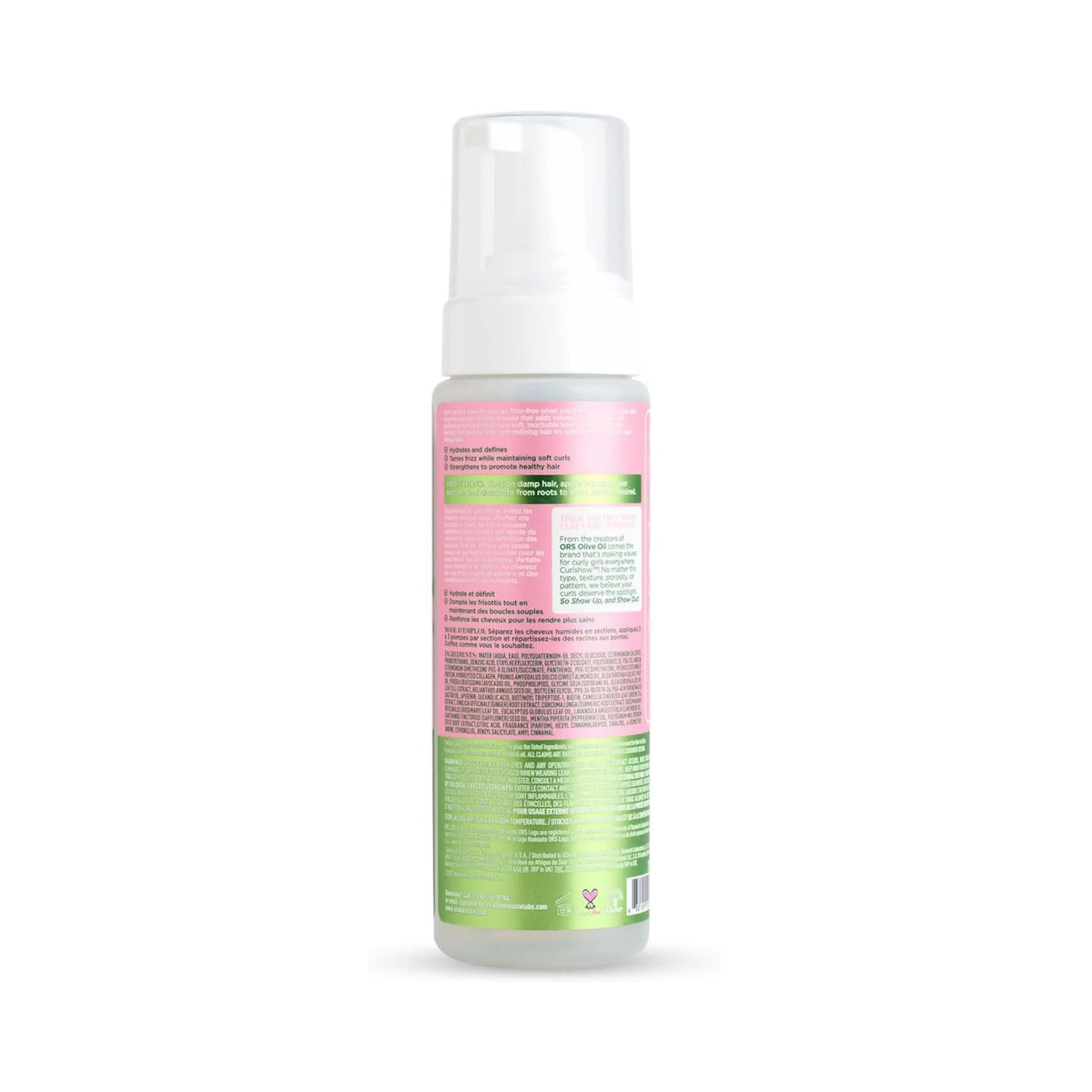 Bagside af ORS Curlshow hårskumsflaske med pink etiket, ingrediensliste og brugsanvisning på grøn bund.