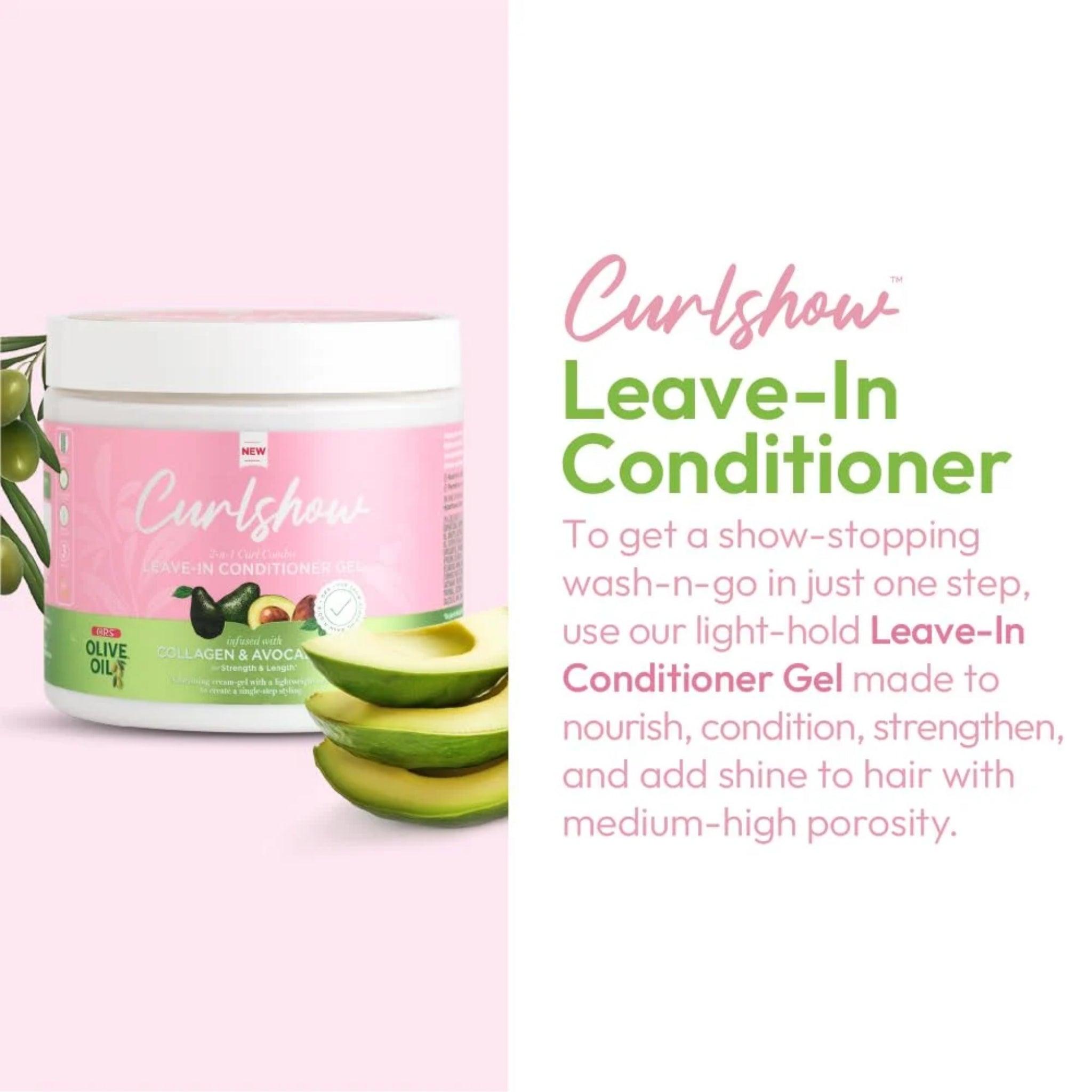 ORS Curlshow Leave-In Conditioner Gel med collagen og avocado ved siden af friske avocadoskiver på lyserød baggrund.