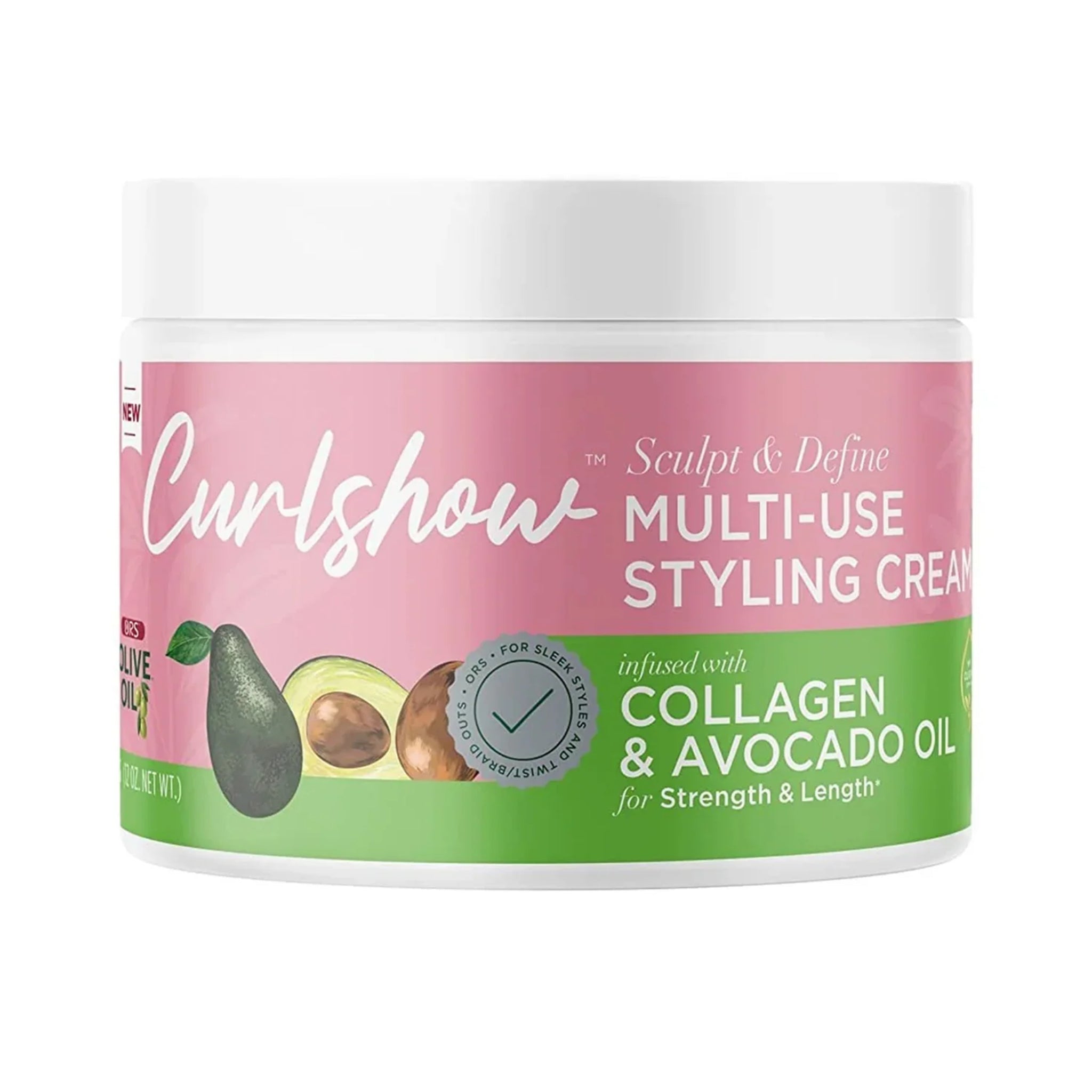 ORS Curlshow Multi-Use Styling Cream i hvid dunk med lyserødt og grønt etiket samt avocado-illustration.