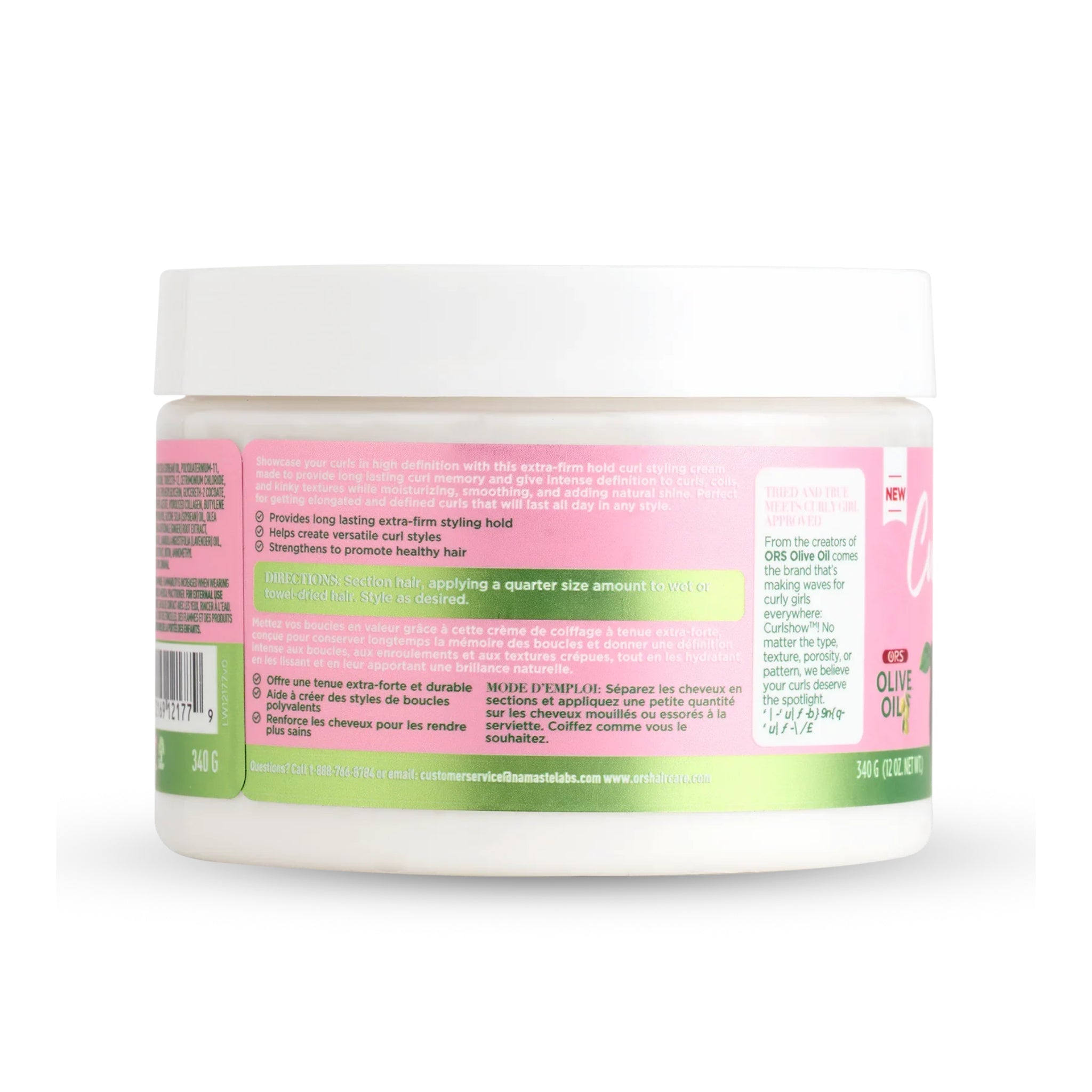 ORS Olive Oil Curlshow hvid dåse, 340 g, med lyserødt etiket og brugsanvisning for extra-firm curl styling cream.