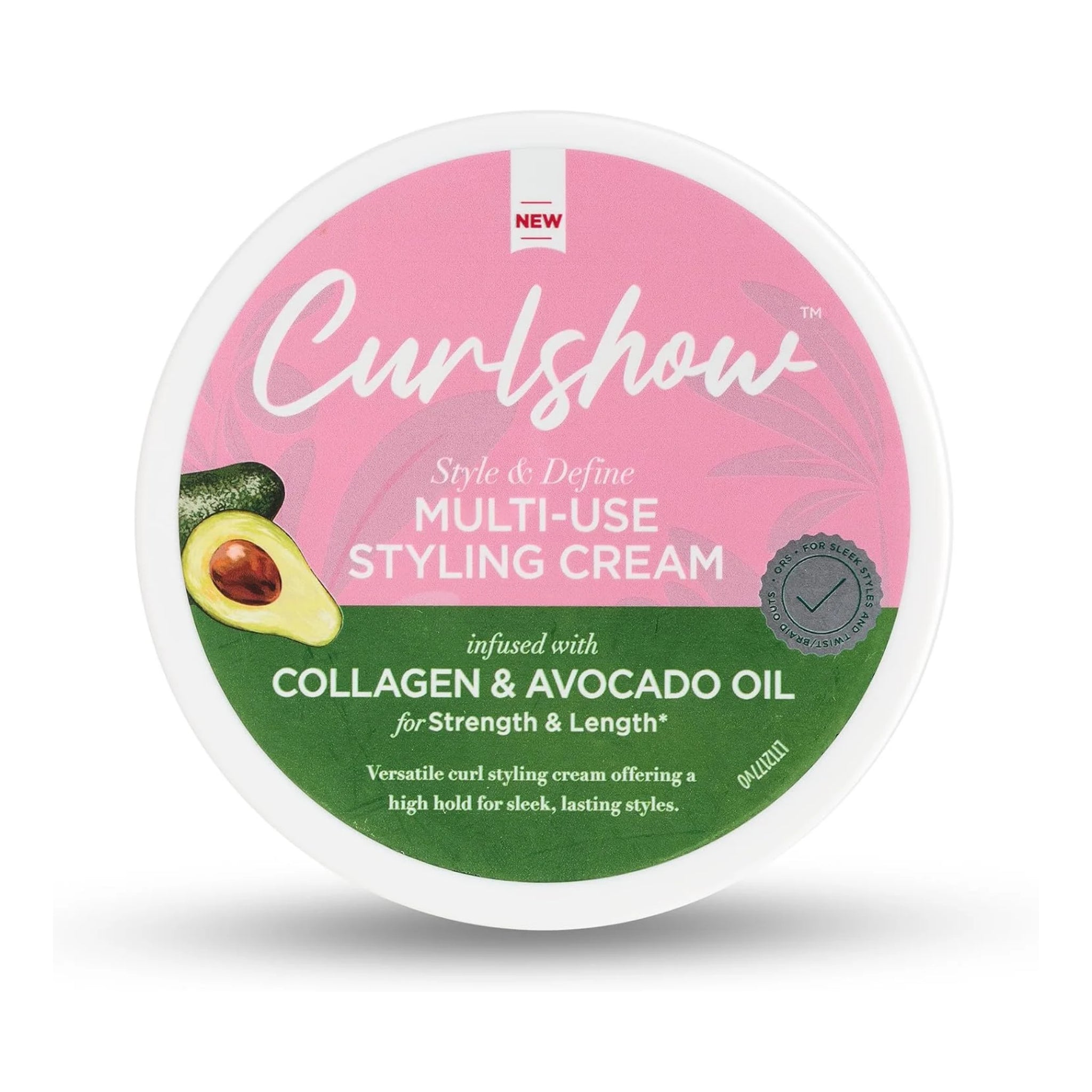 ORS Curlshow Multi-Use Styling Cream dåse med collagen og avocadoolie, pink og grøn emballage med avocado.