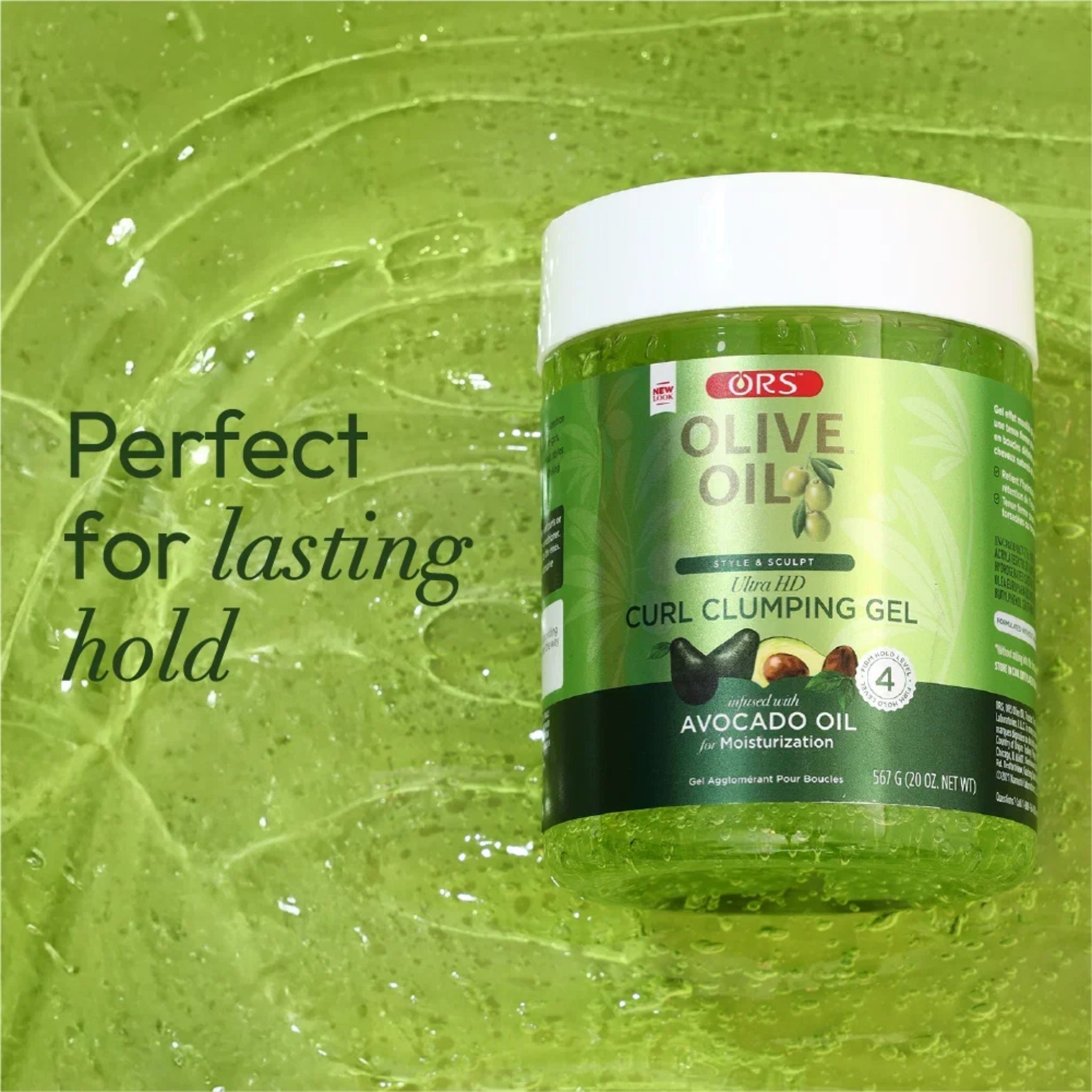 ORS Olive Oil Ultra HD Curl Clumping Gel 567g – grøn krølle-gel med avocadoolie til langvarigt hold og definerede krøller.