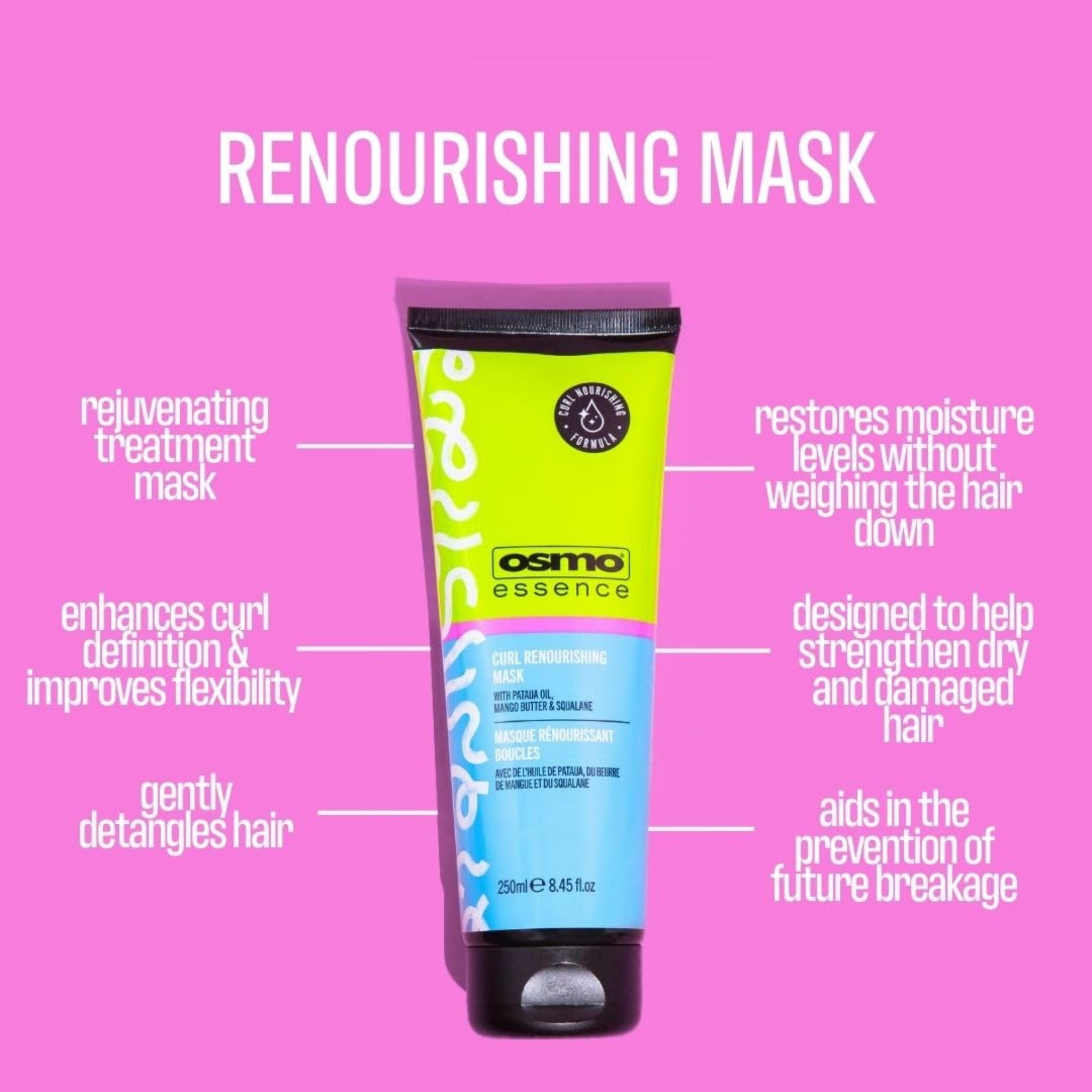 OSMO Essence Curl Renourishing Mask, 250 ml tube i limegrøn og blå på pink baggrund med fordele.