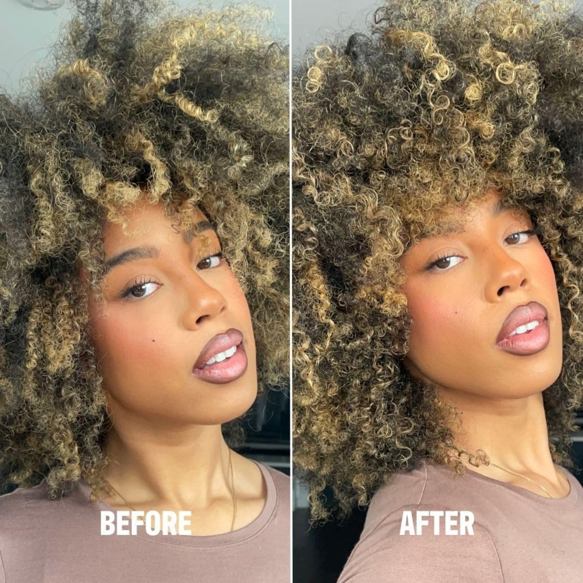 Før og efter krøllet afro-hår med blonde highlights – tydeligere, fjedrende krøller efter behandling.