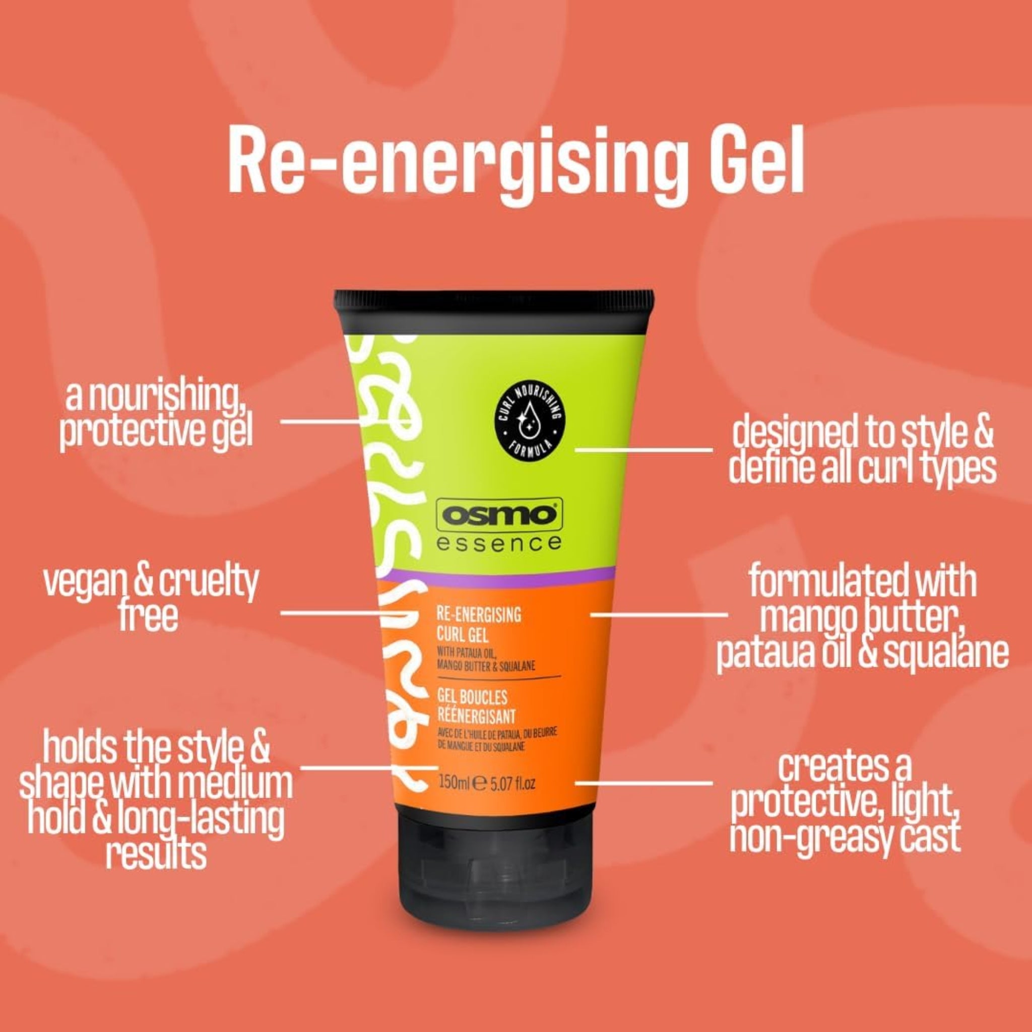 Osmo Essence Re-energising Gel, 150ml tube i grøn og orange med sort låg mod korallenfarvet baggrund.