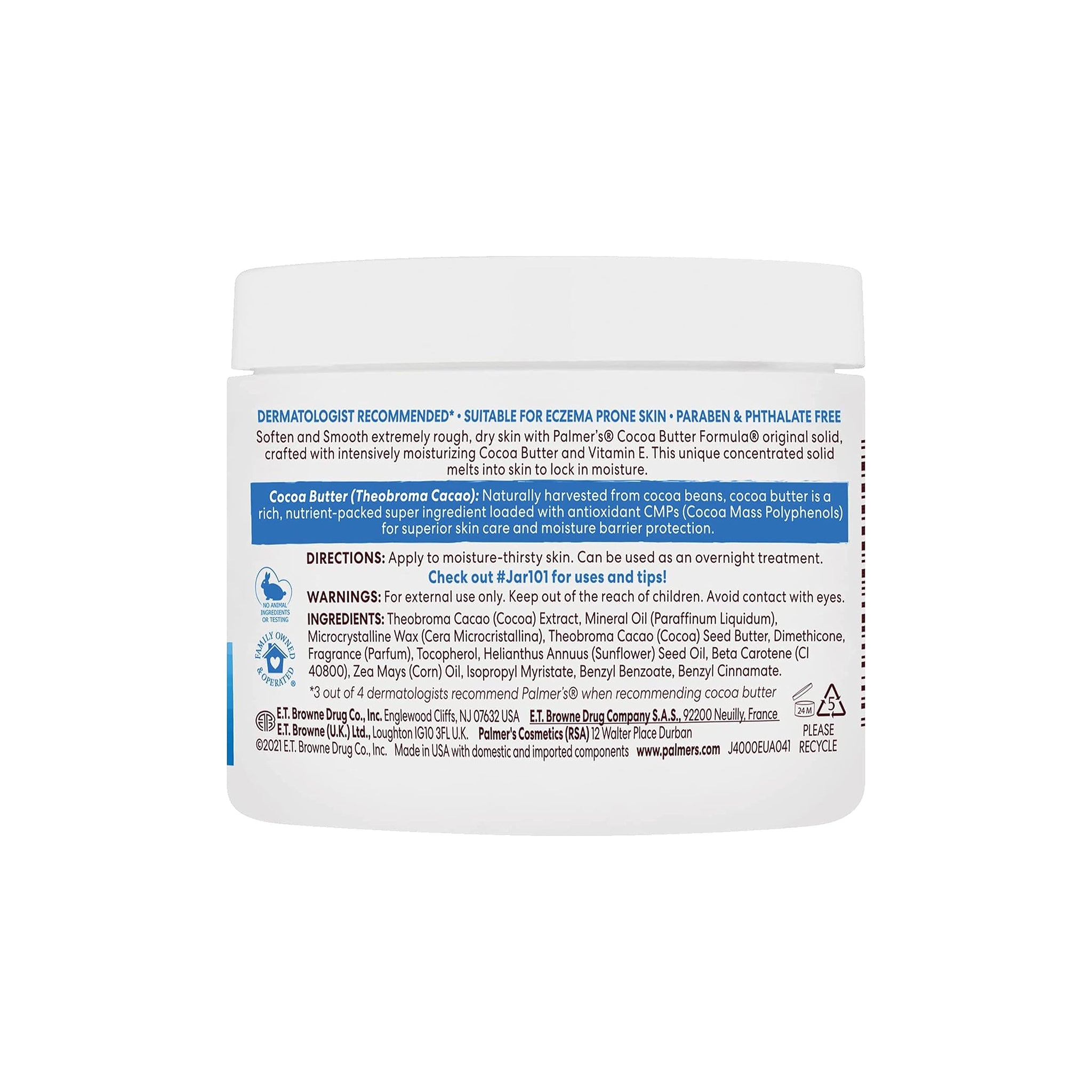 Bagsiden af Palmers Cocoa Butter Formula Cream krukken (100g) med information om ingredienser, brugsanvisning, fordele for eksem-præget hud og kakaosmør.