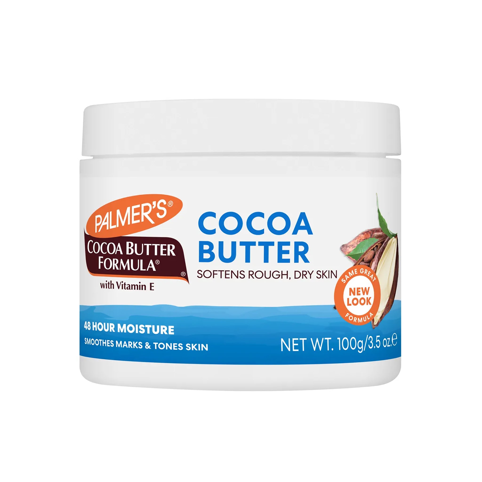 Hvid beholder i plast med Palmers Cocoa Butter Formula Cream. Designet til at lindre ru og tør hud. Indeholder E-vitamin og giver 48 timers fugt.
