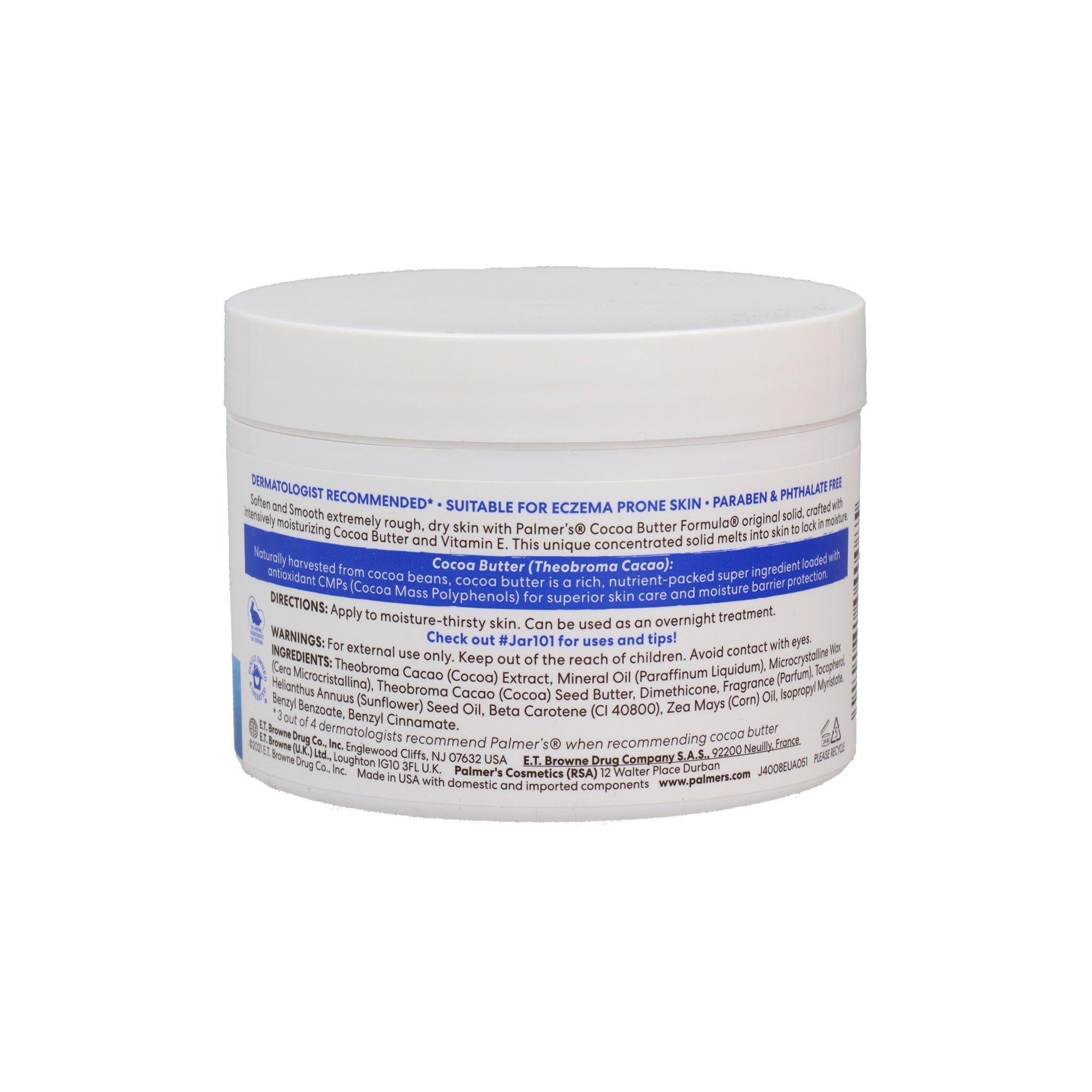 Bagsiden af Palmers Cocoa Butter Formula Cream krukken med information om ingredienser, brugsanvisning, fordele for eksem-præget hud og kakaosmør.