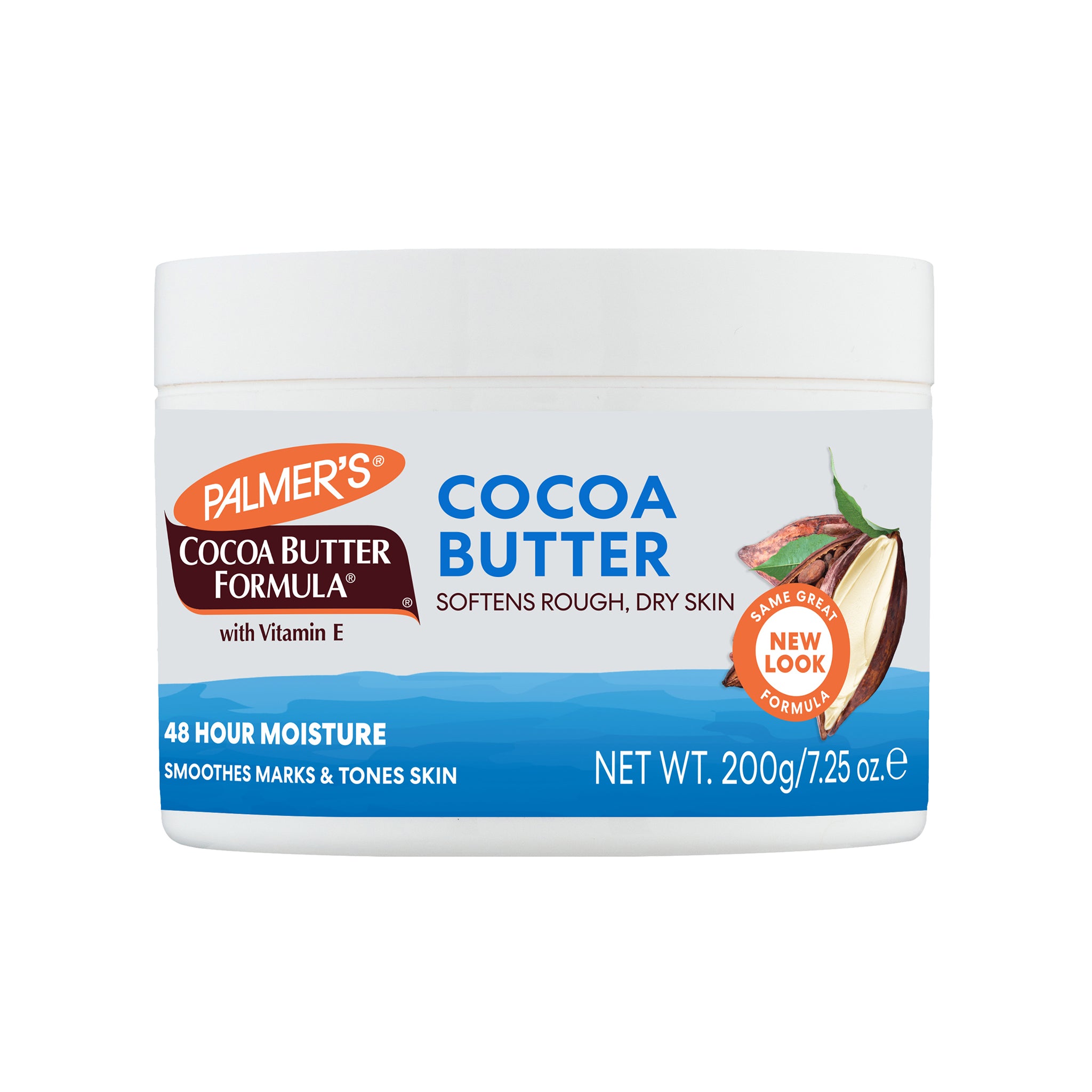Hvid beholder i plast med Palmers Cocoa Butter Formula Cream. Designet til at lindre ru og tør hud. Indeholder E-vitamin og giver 48 timers fugt.