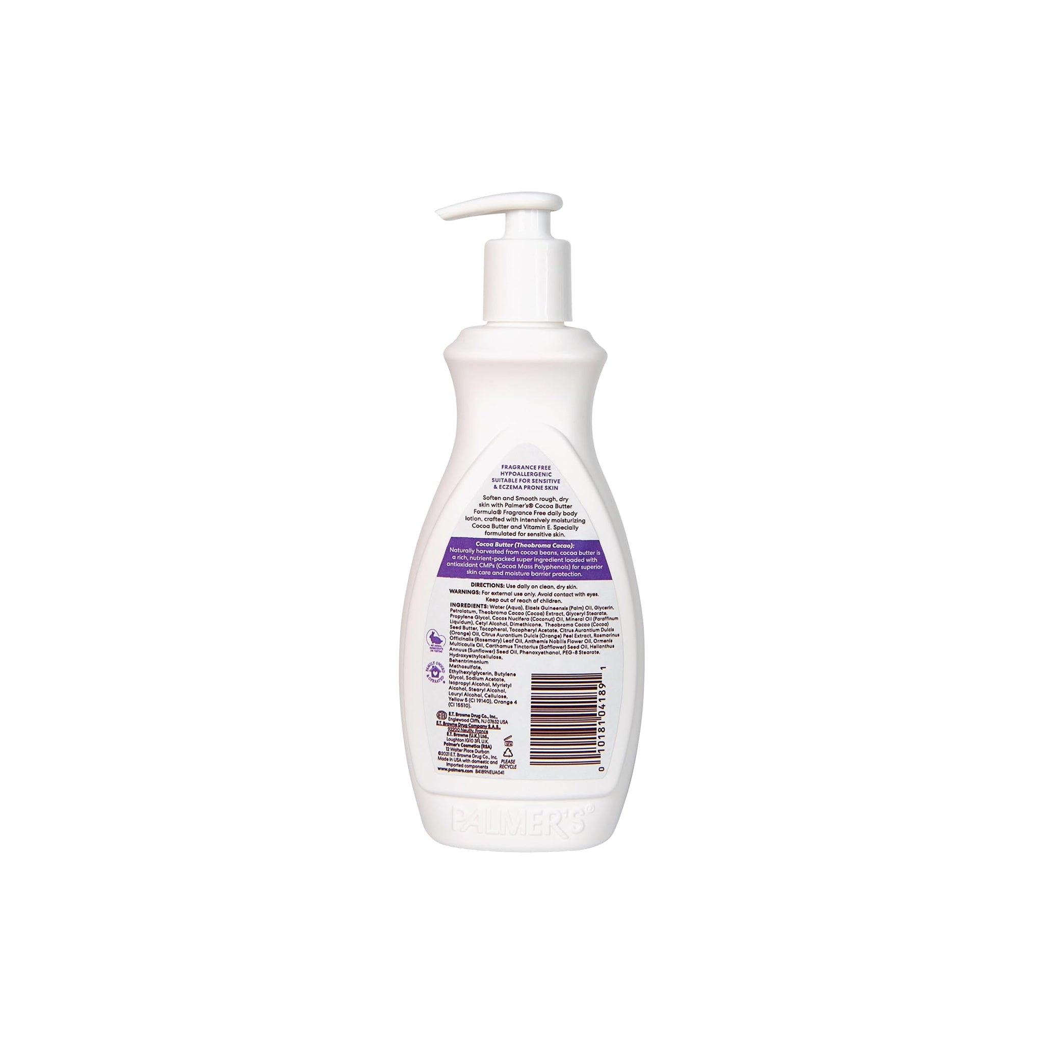 Bagsiden af Palmers Cocoa Butter Fragrance Free Lotion-flasken med information om ingredienser, brugsanvisning, fordele for sensitiv hud og kakaosmør.