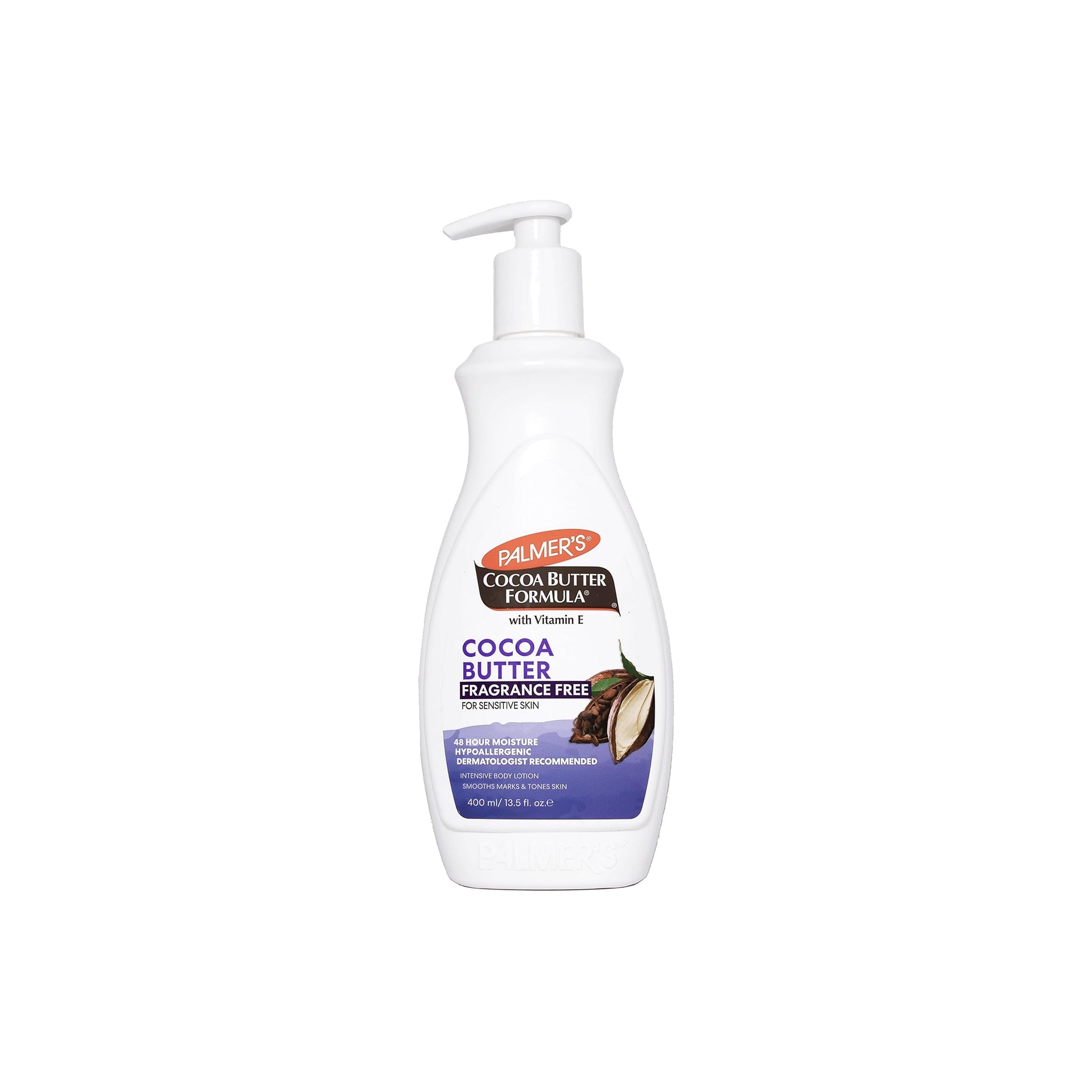 Hvid pumpeflaske med Palmers Cocoa Butter Formula Fragrance Free Lotion. Hypoallergen og dermatologisk anbefalet til sensitiv hud.