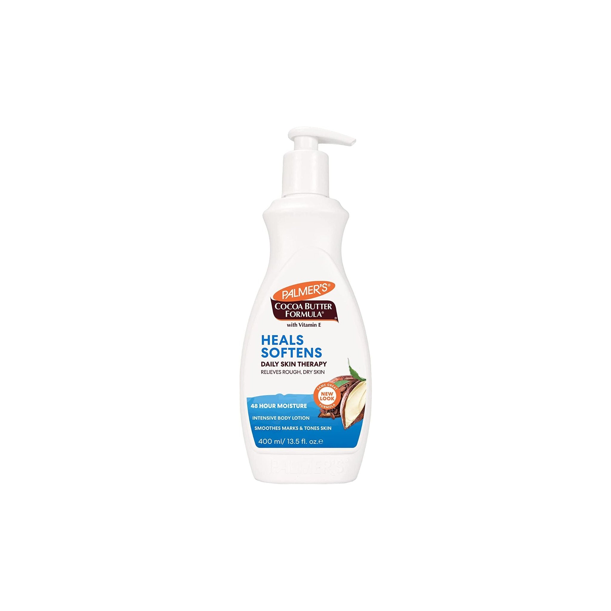 Hvid pumpeflaske med Palmers Cocoa Butter Formula Intensive Body Lotion. Designet til at lindre ru og tør hud.