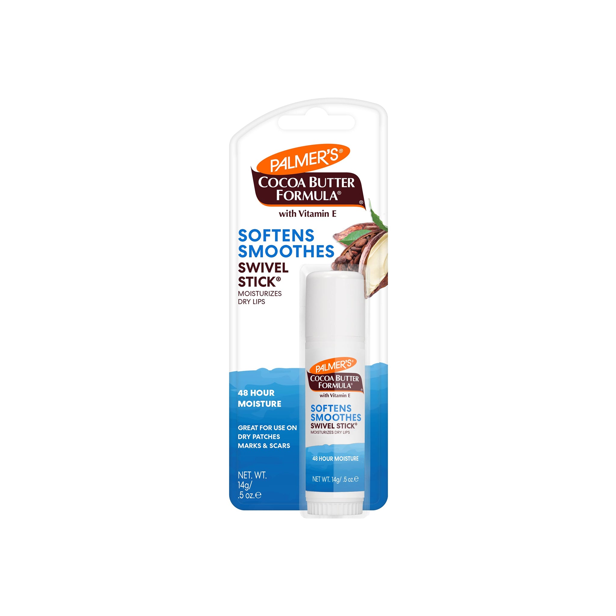 Emballage med Palmers Cocoa Butter Formula Moisturizing Swivel Stick. Indeholder en hvid stift til læbepleje med kakaosmør og E-vitamin.