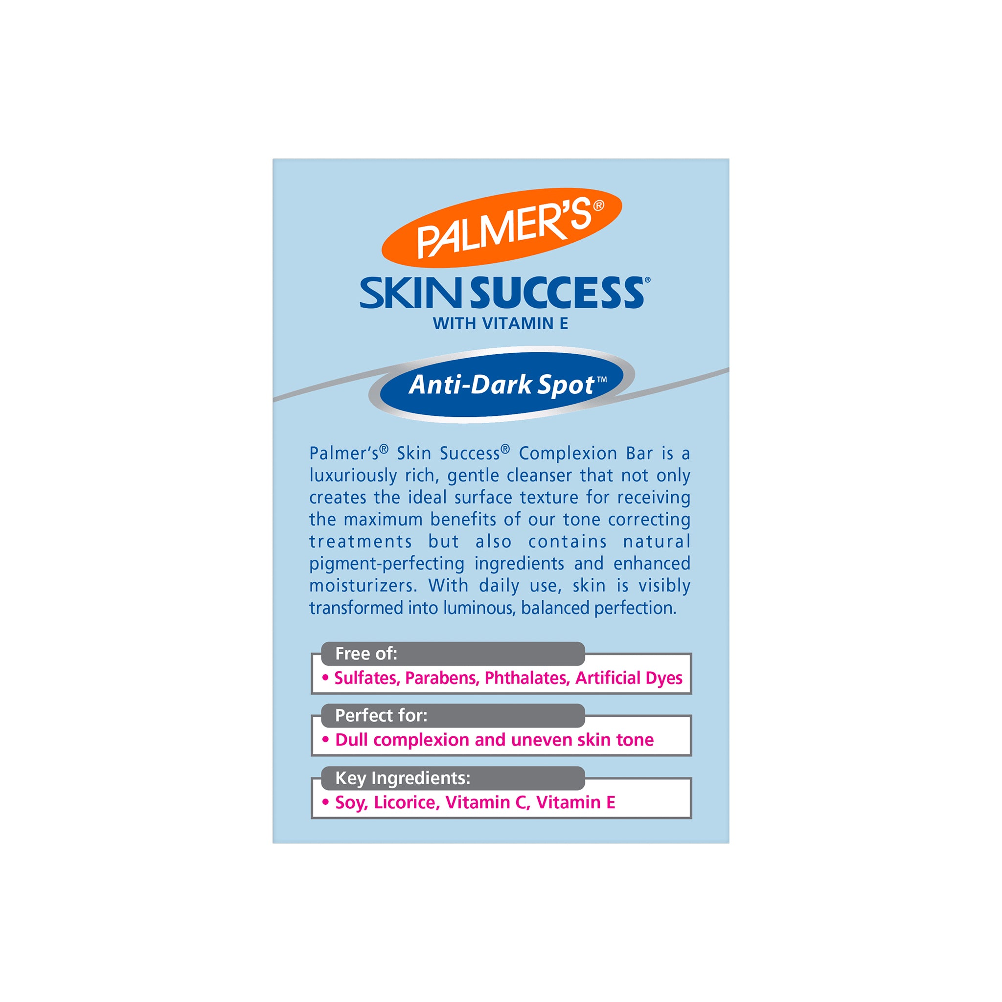 Palmer's Skin Success Anti-Dark Spot sæbe. Produktinformation om sæben, herunder ingredienser og fordele.