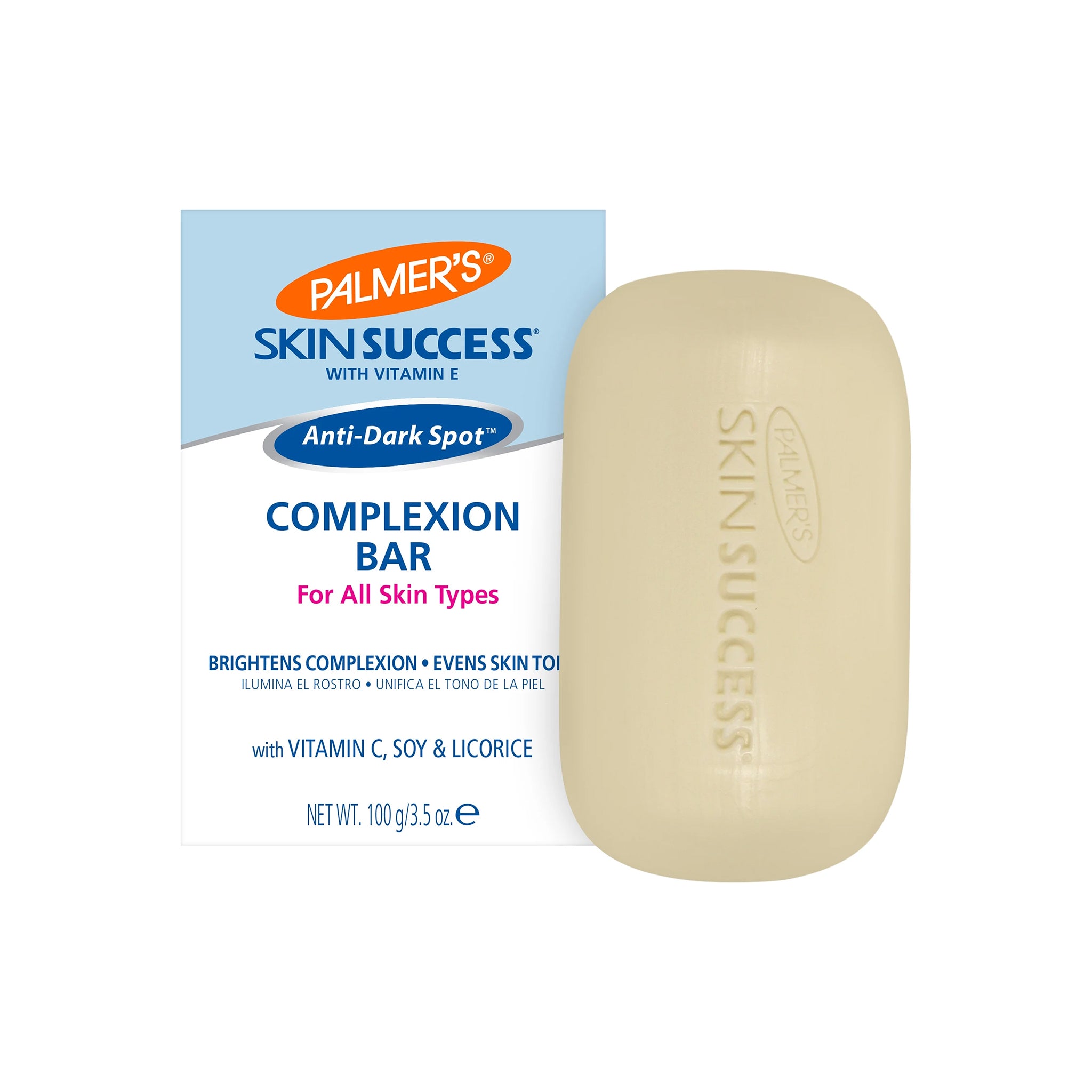 Palmer's Skin Success Anti-Dark Spot sæbe til alle hudtyper. Hvid sæbe med blå og hvid etikette.