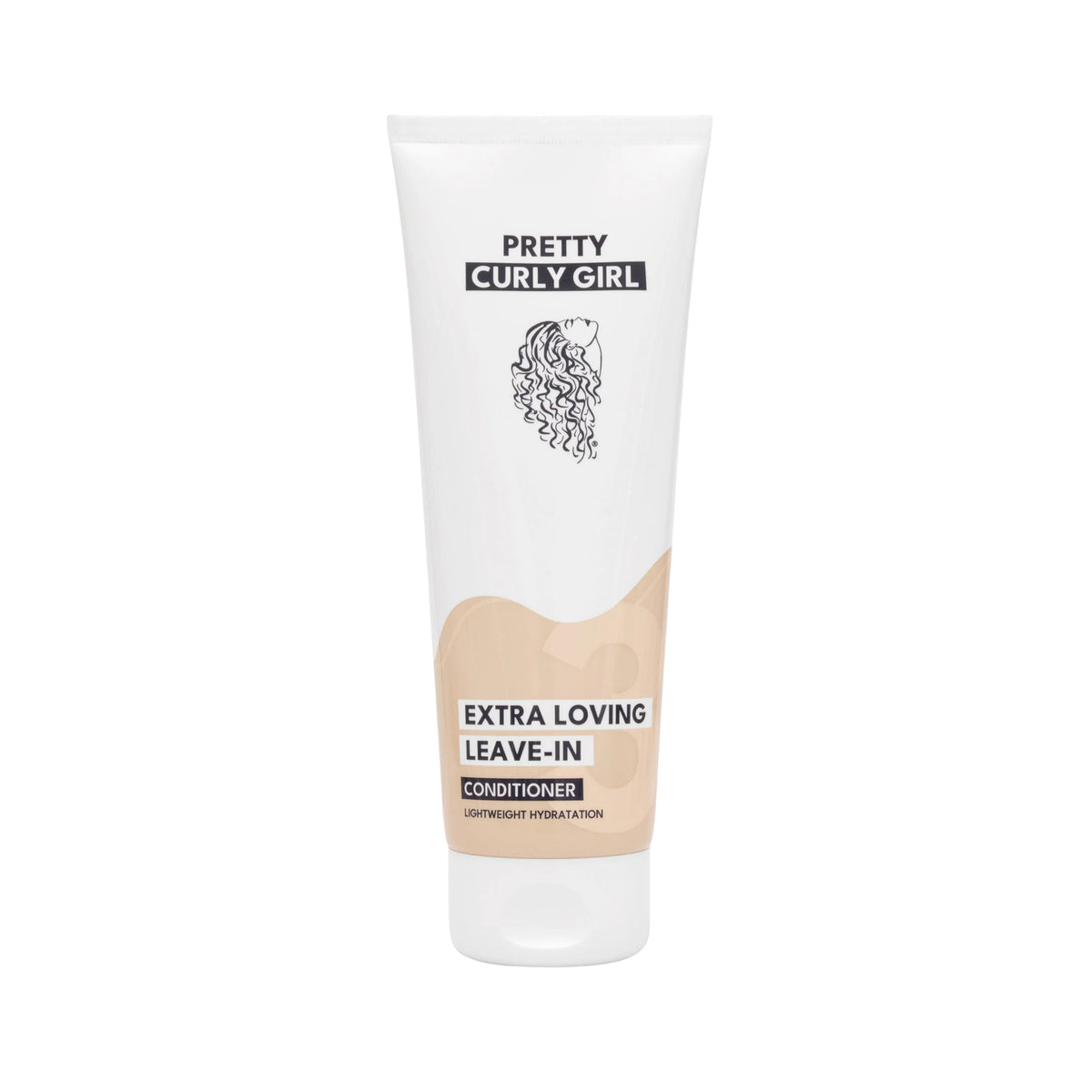 Hvid tube Pretty Curly Girl Extra Loving Leave-In Conditioner med beige etiket og logo af krøllet hår.