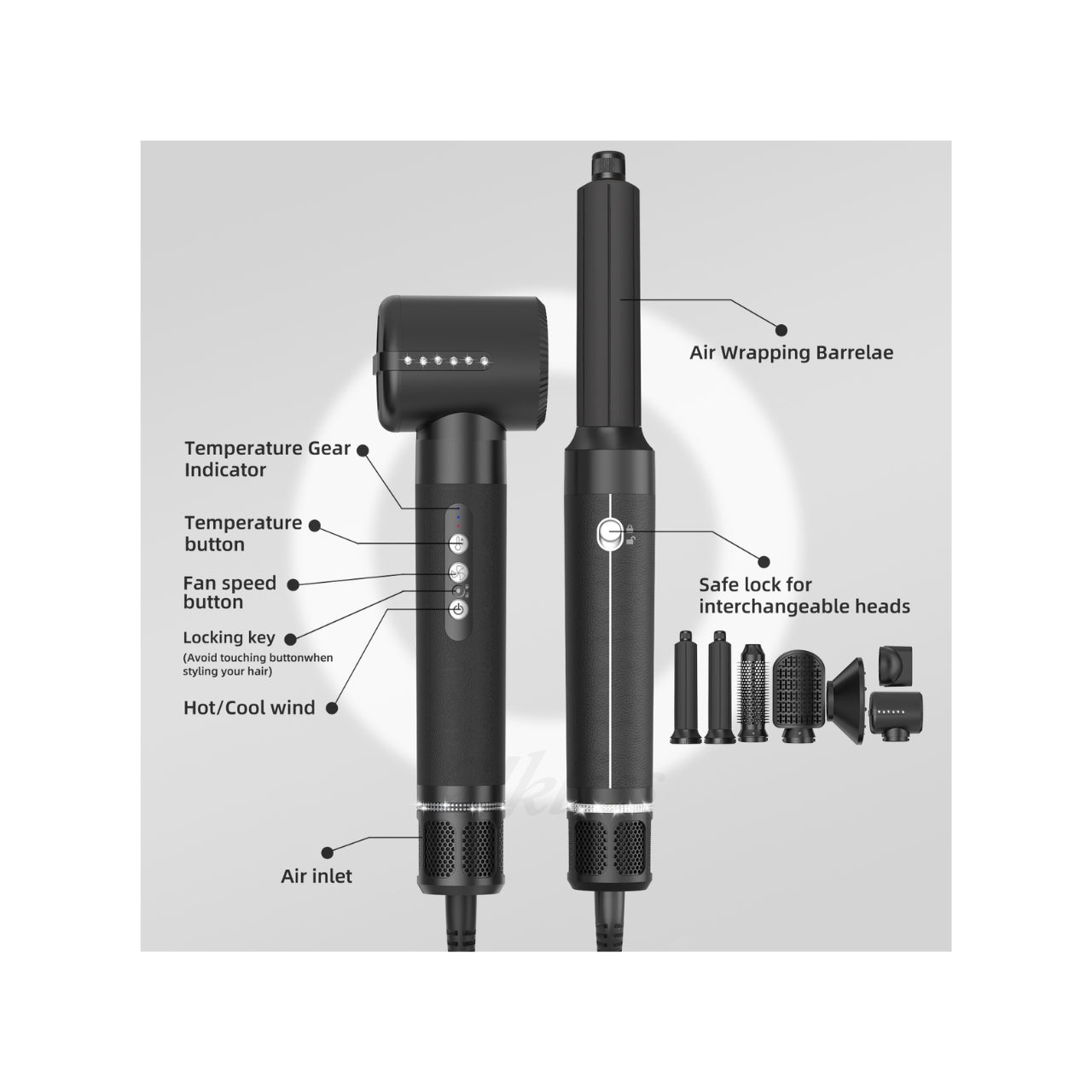 Multistyler i sort med udskiftelige hoveder, viste funktioner som temperaturindikator, blæserhastighedsknap, låsefunktion og luftindtag, samt et langt curling-tøndevedhæng.
