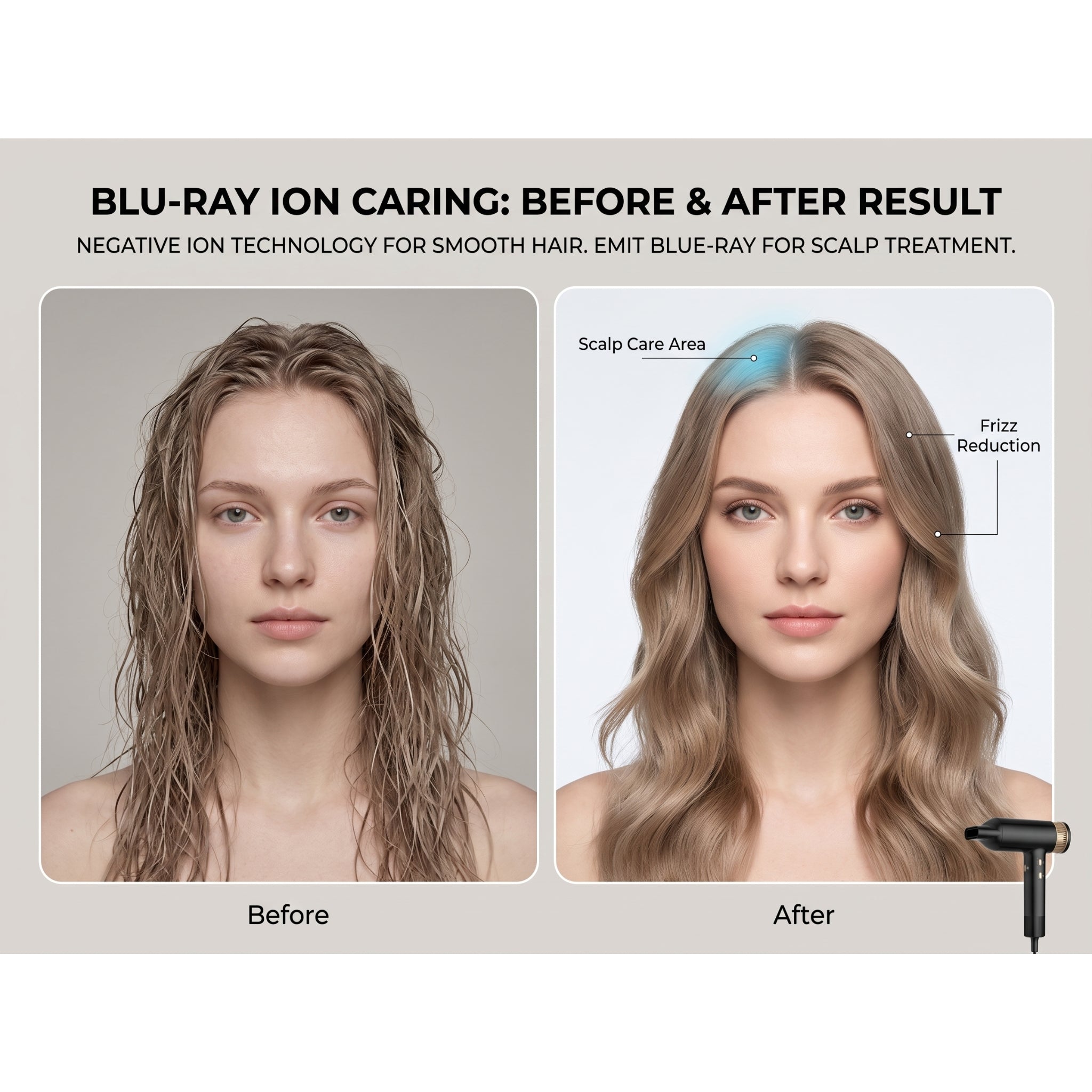 Before and after result with professional ionic hair dryer - frizz reduction and gentle scalp treatment.