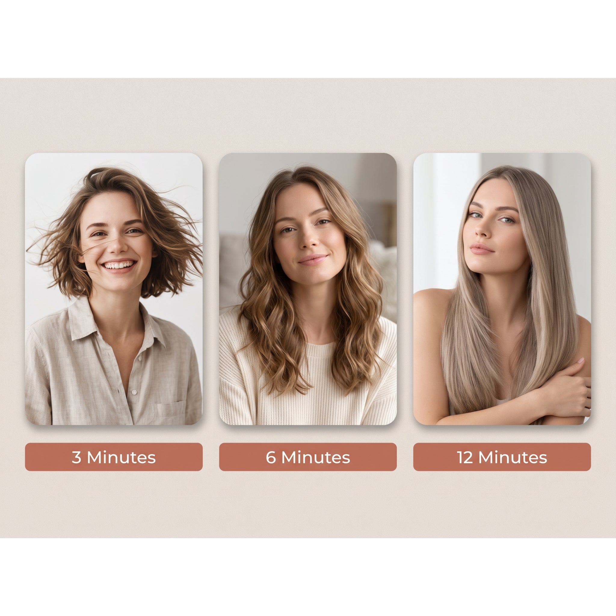 Professional ionic hair dryer with fast drying time: 3, 6 and 12 minutes for short, medium and long hair.