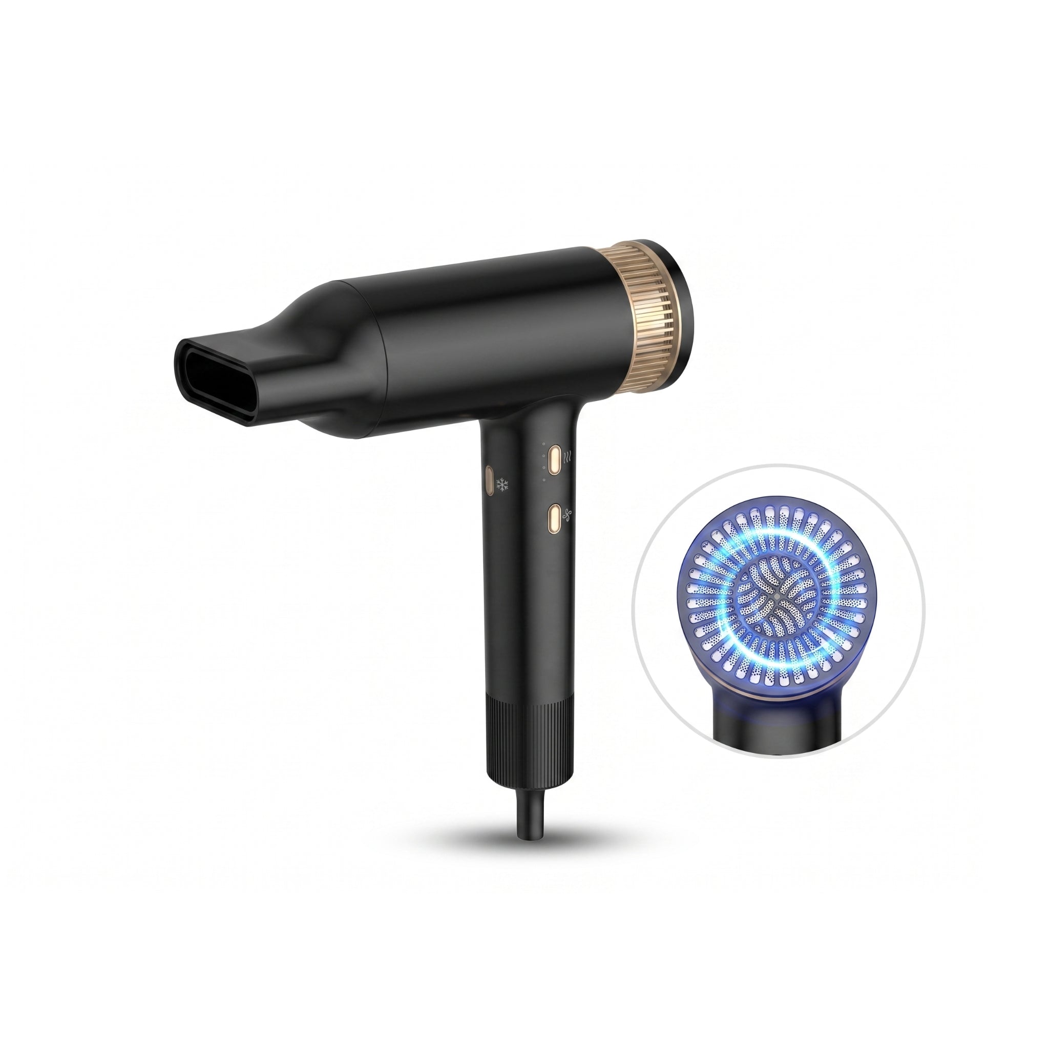 Professional ionic hair dryer with removable narrow nozzle and Blu-Ray negative ion technology close-up.