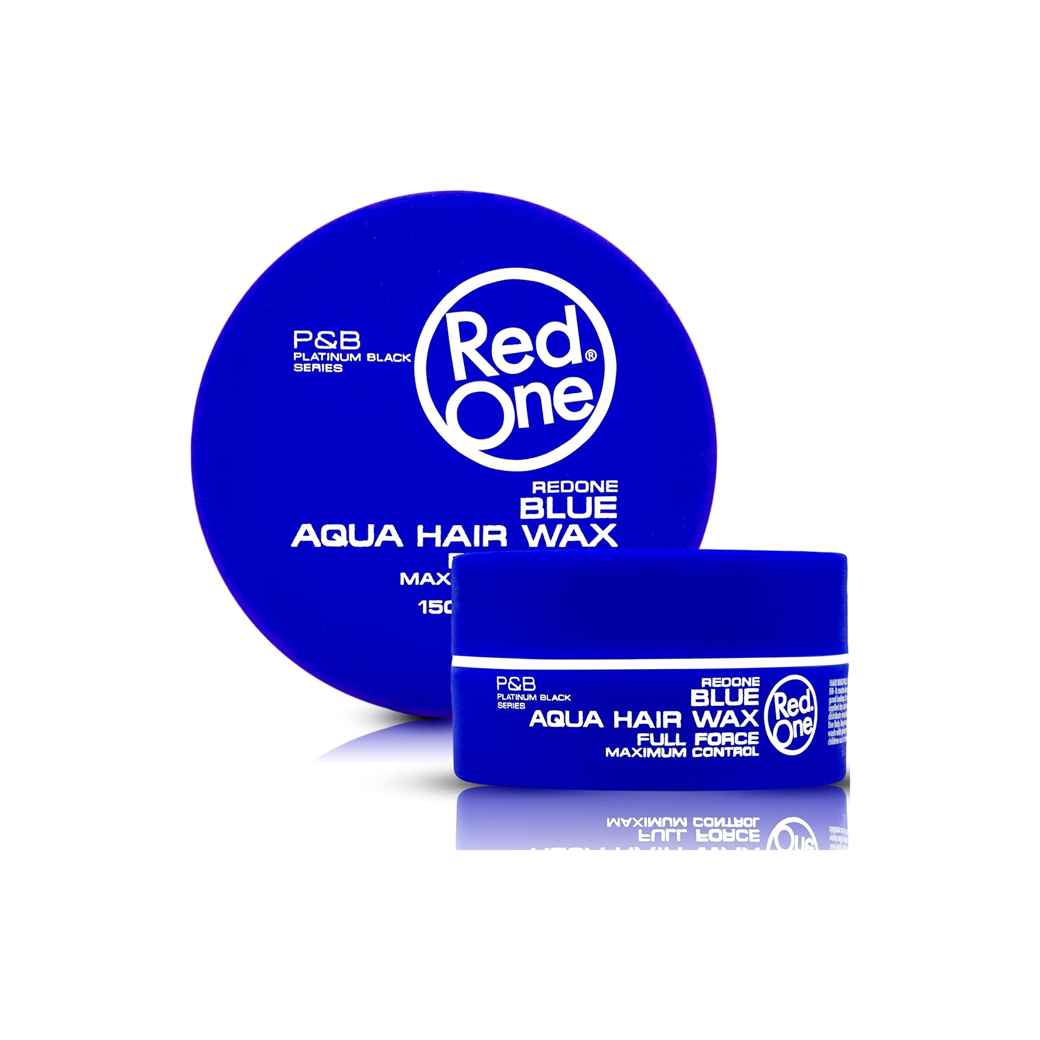 Blå dåse med Red One Aqua Hair Wax Blue 150ml fra P&B Platinum Black Series, vist med låg og krukke på hvid baggrund.