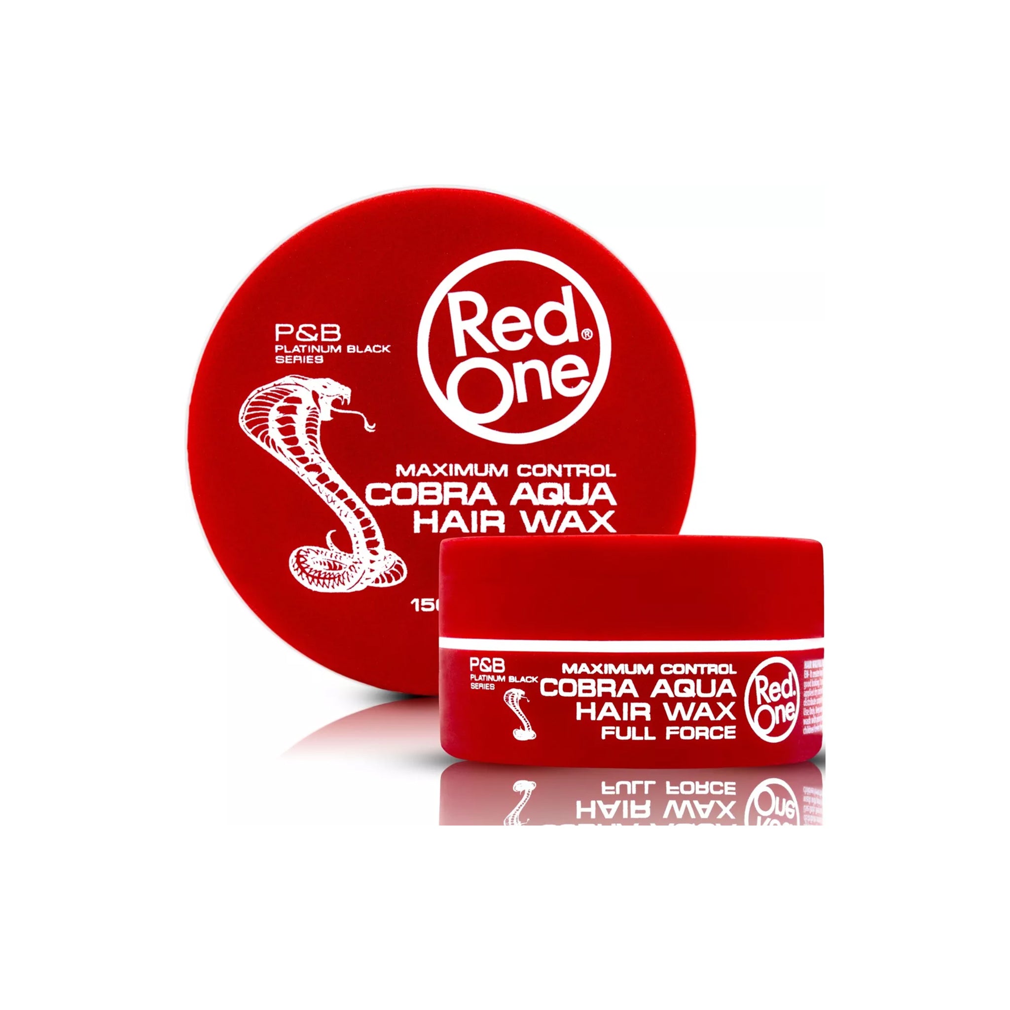 Rød dåse med Red One Aqua Hair Wax Cobra 150ml fra P&B Platinum Black Series, vist med låg og krukke på hvid baggrund.