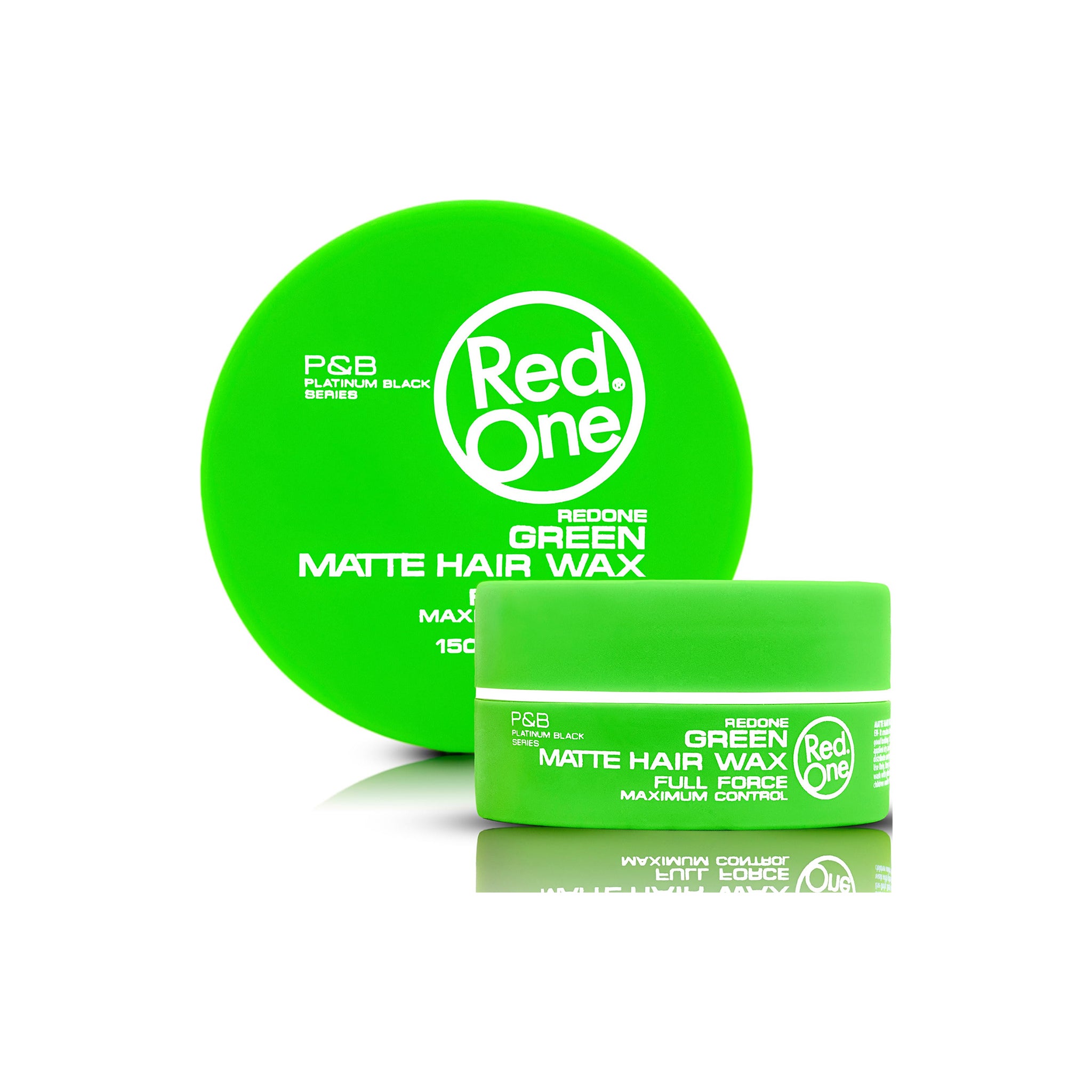 Grøn dåse med Red One Matte Hair Wax Green 150ml fra P&B Platinum Black Series, vist med låg og krukke på hvid baggrund.