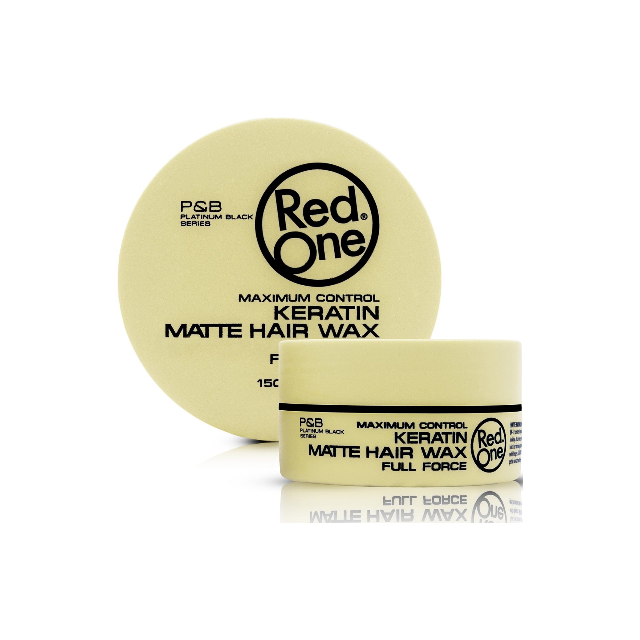 Beige dåse med Red One Matte Hair Wax Keratin 150ml fra P&B Platinum Black Series, vist med låg og krukke på hvid baggrund.