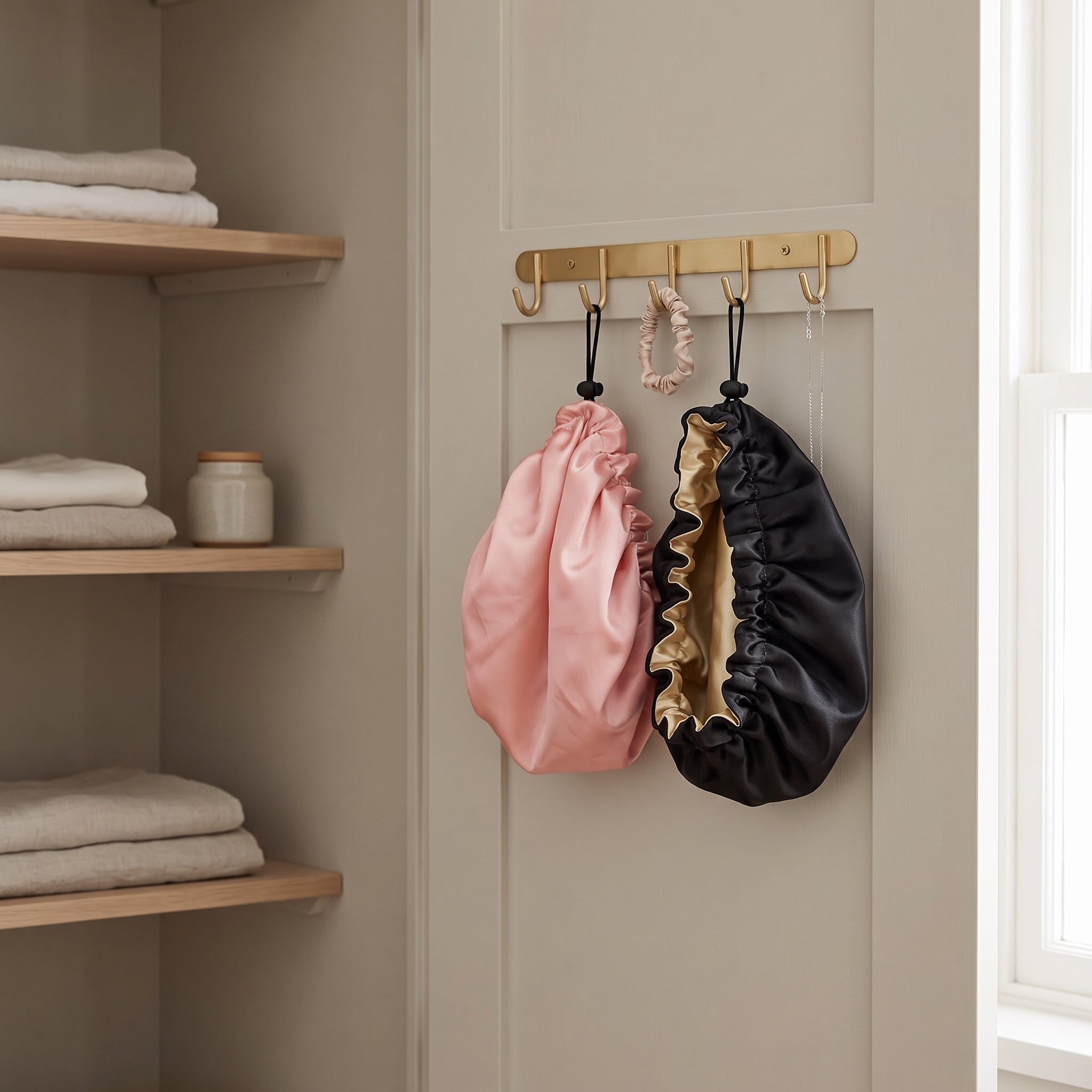 Rosa og sort satin hårbonnet hænger på messingkrog ved siden af scrunchie og halskæde på et linnedskab.