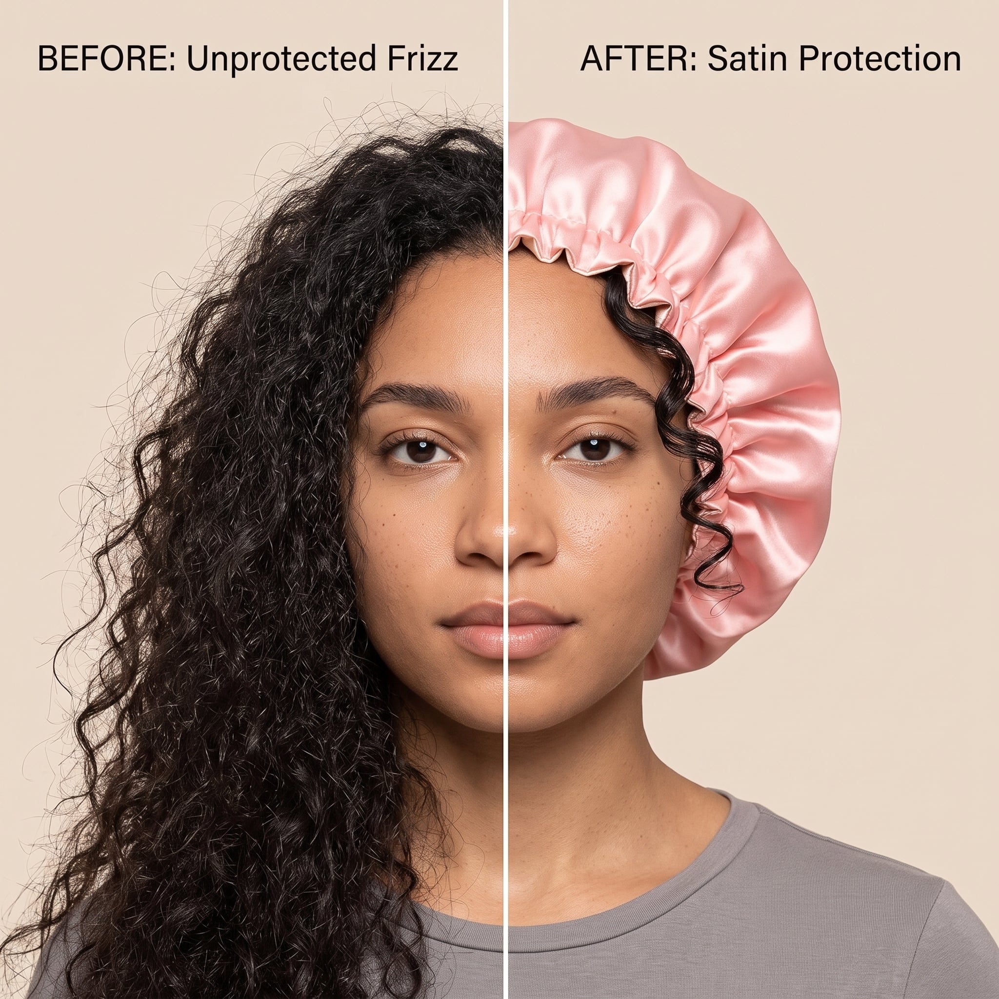 Før/efter split: krøllet hår med frizz til venstre, satin hårbonnet i pink beskytter håret til højre.