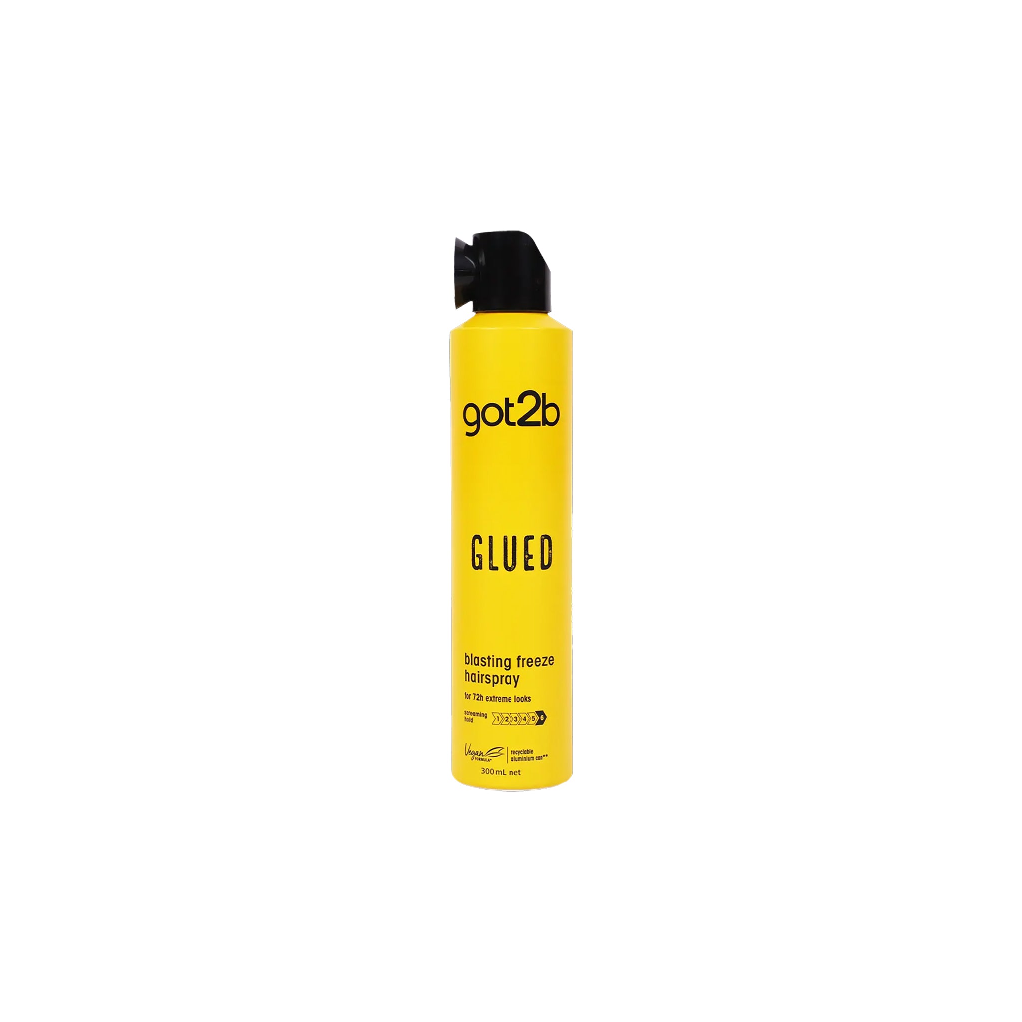 Spraydåse med hårlak fra Schwarzkopf Got2b Glued-serien. Produktet er mærket 'Blasting Freeze Hairspray' og har en 300 ml. størrelse.