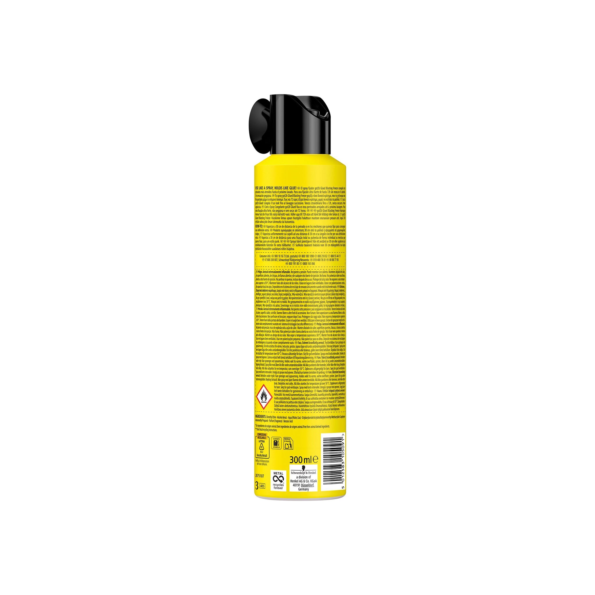 Bagsiden af en gul spraydåse med Schwarzkopf Got2b Glued Freeze Hairspray. På dåsen kan man se information om produktet, såsom ingredienser og brugsanvisning.