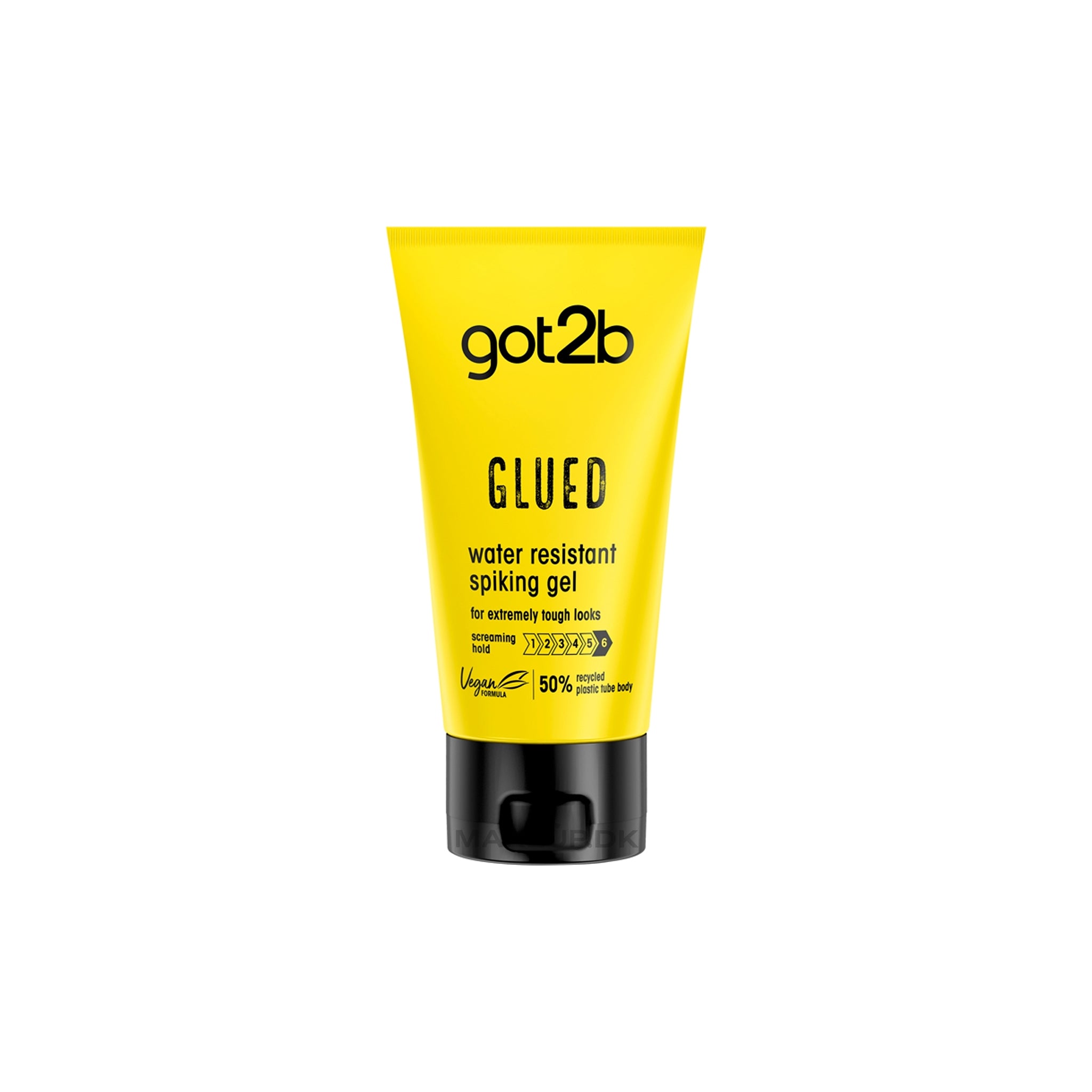 Gul tube Schwarzkopf got2b Glued Spiking Glue 150ml med sort låg, vandfast hårgelé til ekstremt hold og definerede frisurer.