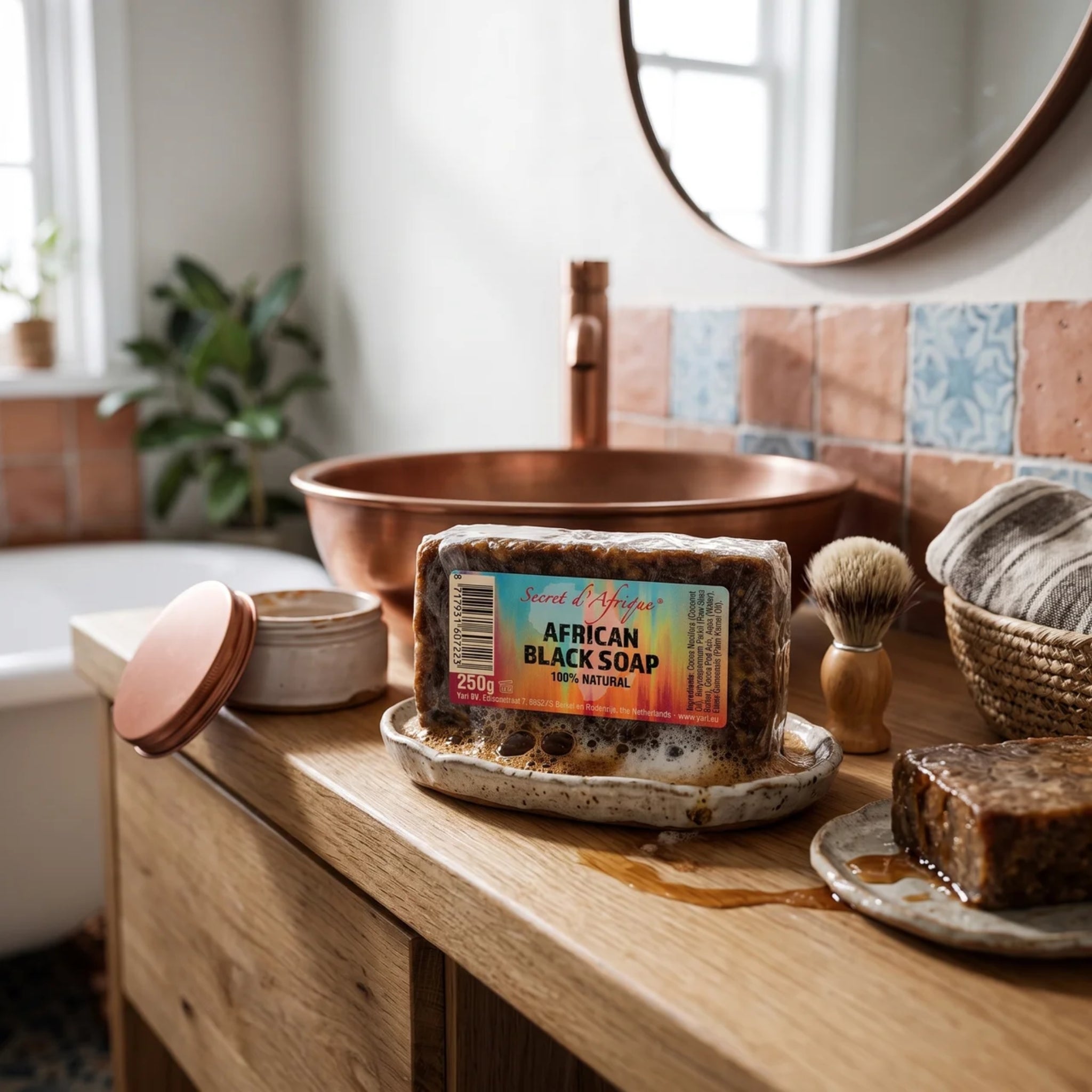 Secret d'Afrique African Black Soap 250g på keramisk sæbeskål ved kobbervask i badeværelse.