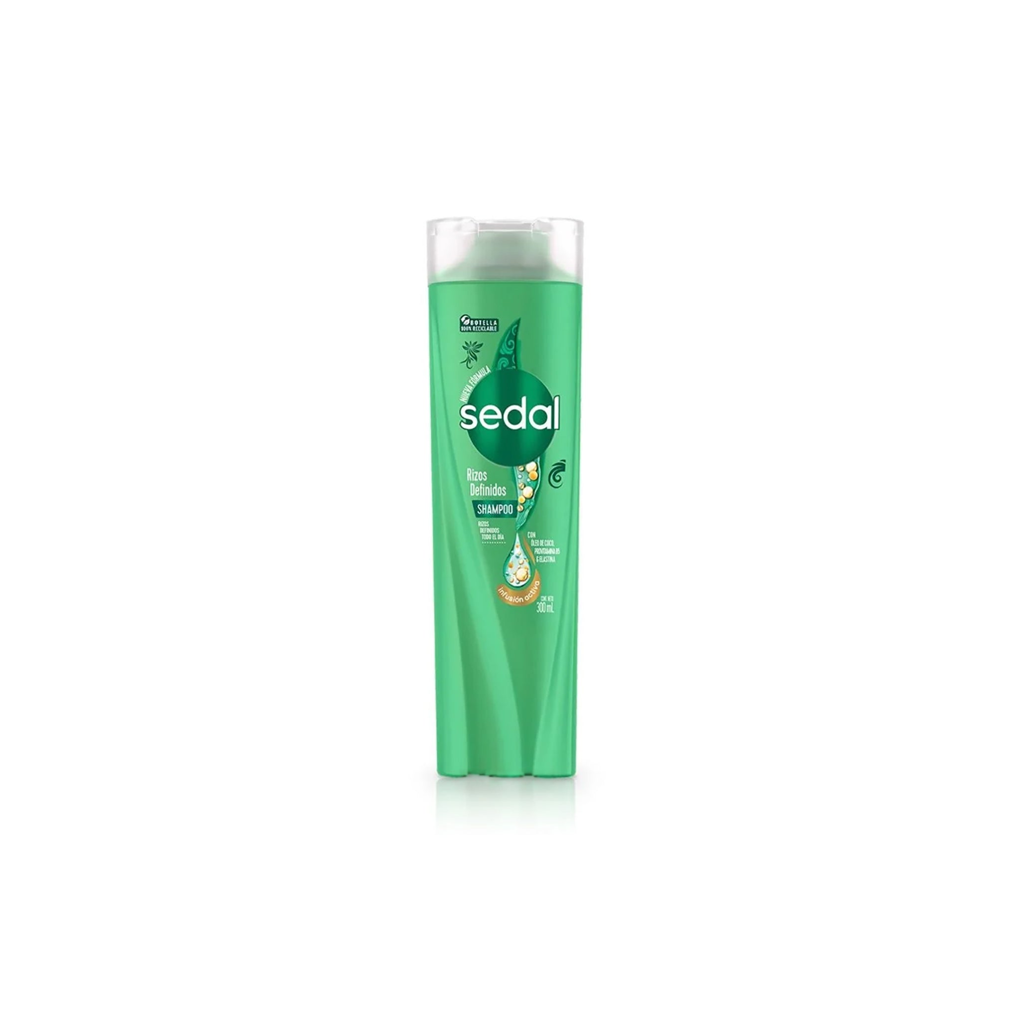 Grøn flaske med Sedal Define Curl Shampoo 400ml, med gennemsigtigt låg og hvid tekst, stående på hvid baggrund.