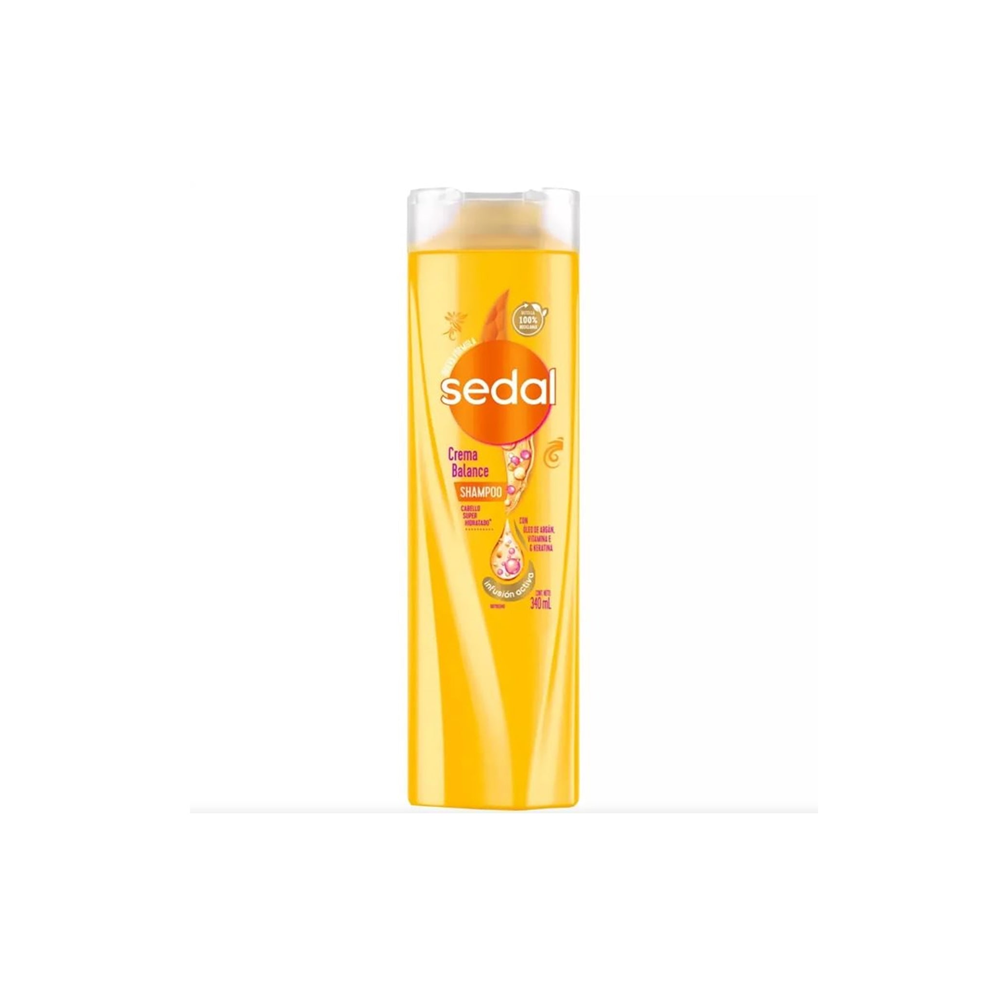 Gul flaske med Sedal Hydrate Shine Shampoo 400ml, med gennemsigtigt låg og orange detaljer, stående på hvid baggrund.