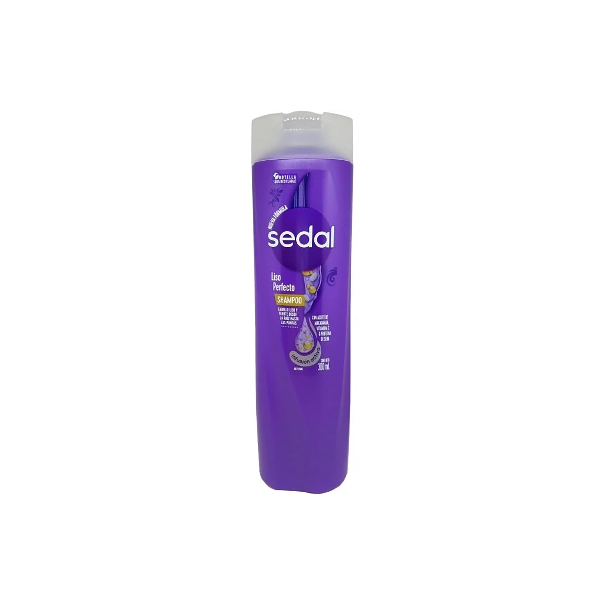 Lilla flaske med Sedal Perfect Straight Shampoo 400ml, med gennemsigtigt låg og dekorativt design, stående på hvid baggrund.