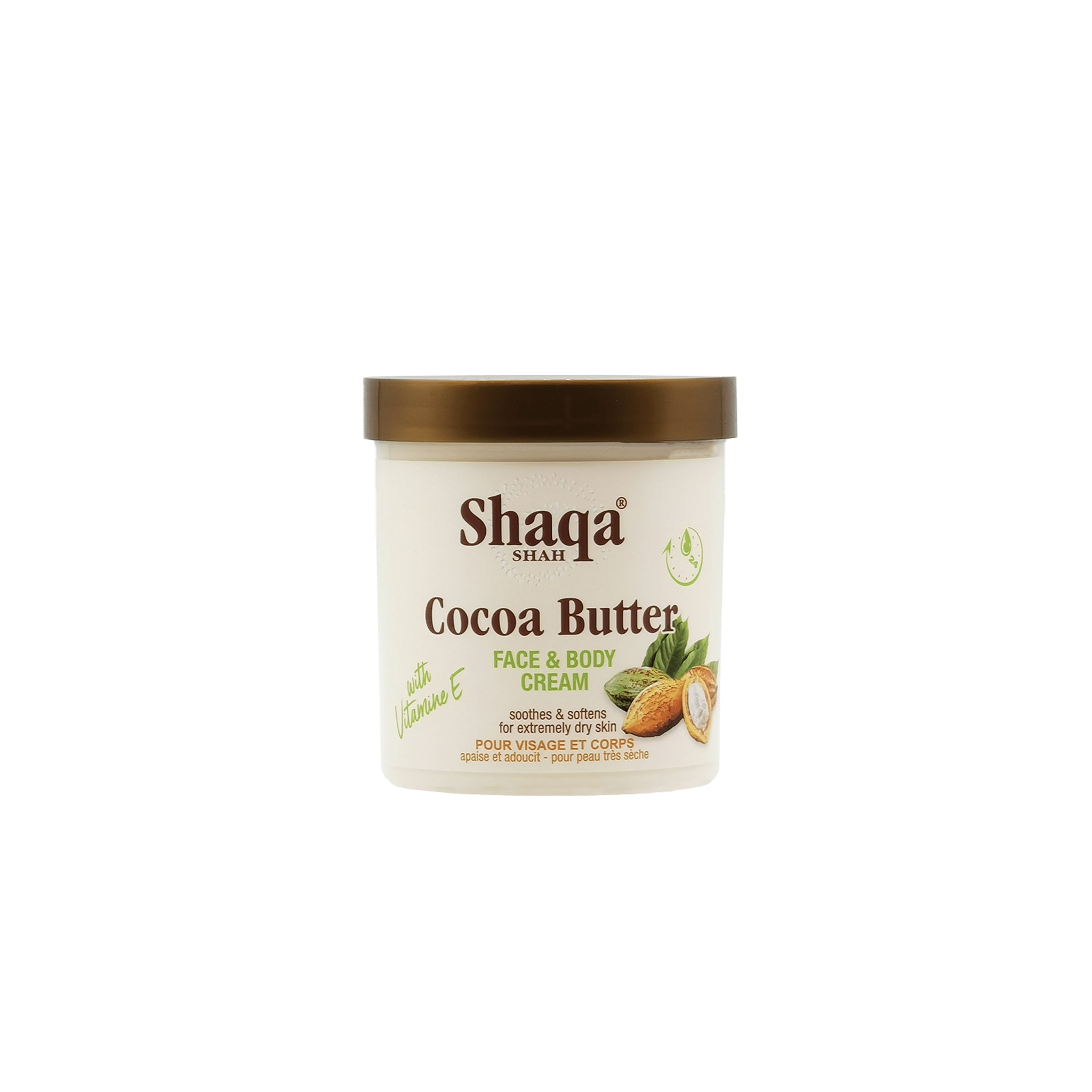 En hvid cremebeholder med en gul skruehætte. Produktet er Shaqa Cocoa Butter Face & Body Cream, 450ml. Cremen er tilpasset meget tør hud.