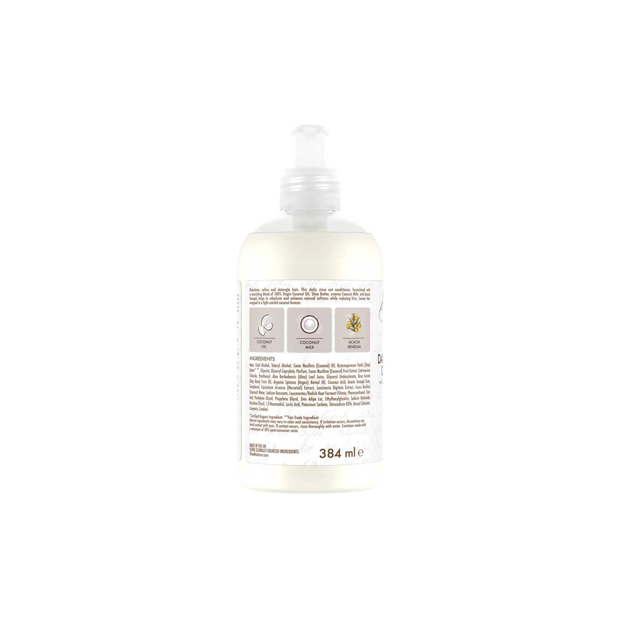 Bagside af en 384ml pumpeflaske med Shea Moisture 100% Virgin Coconut Oil Daily Hydration Conditioner. Etiketten viser ingredienser, herunder kokosolie, og beskriver produktet som en balsam med en frisk kokosduft.