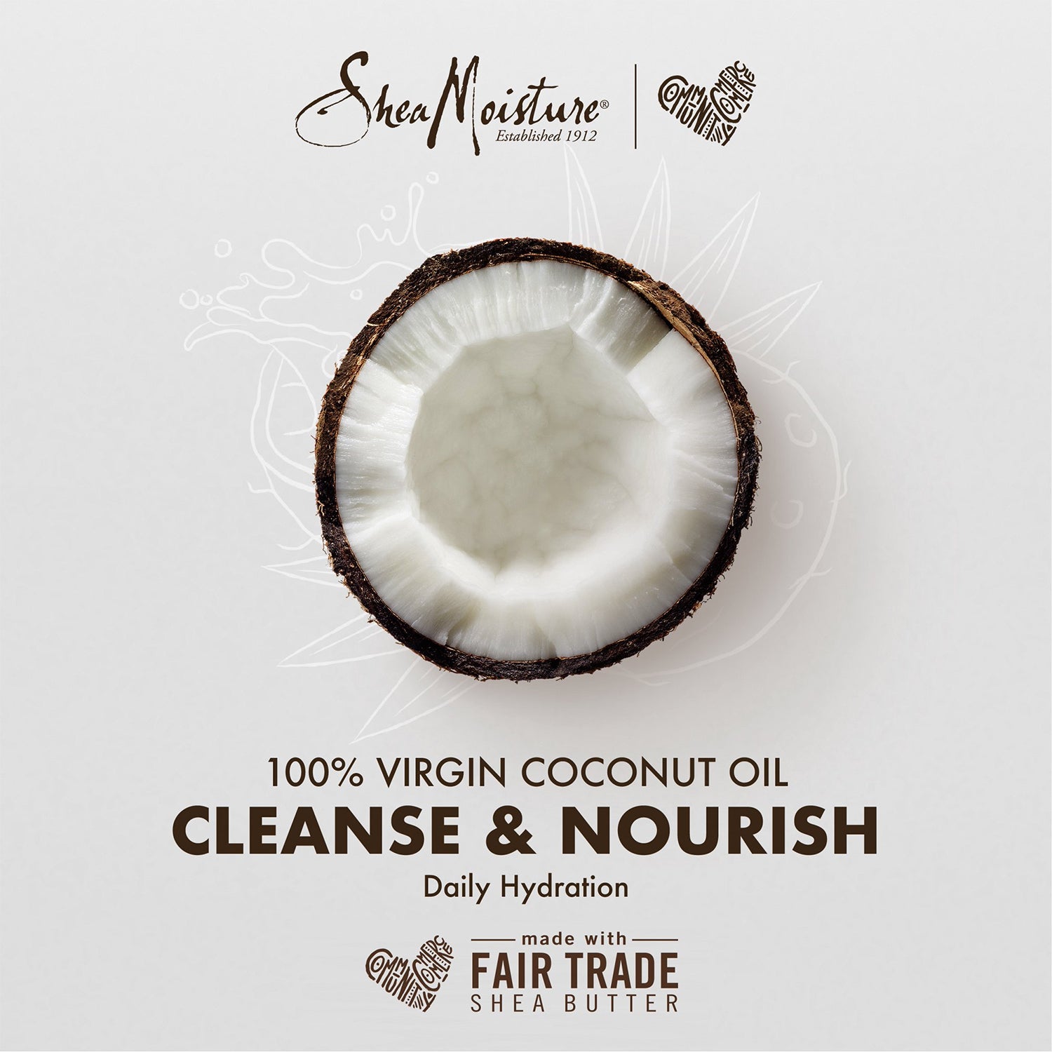 Shea Moisture 100% Virgin Coconut Oil Daily Hydration. En halveret kokosnød i forgrunden med produktemballagen i baggrunden. Produktet lover at rense og nære håret.