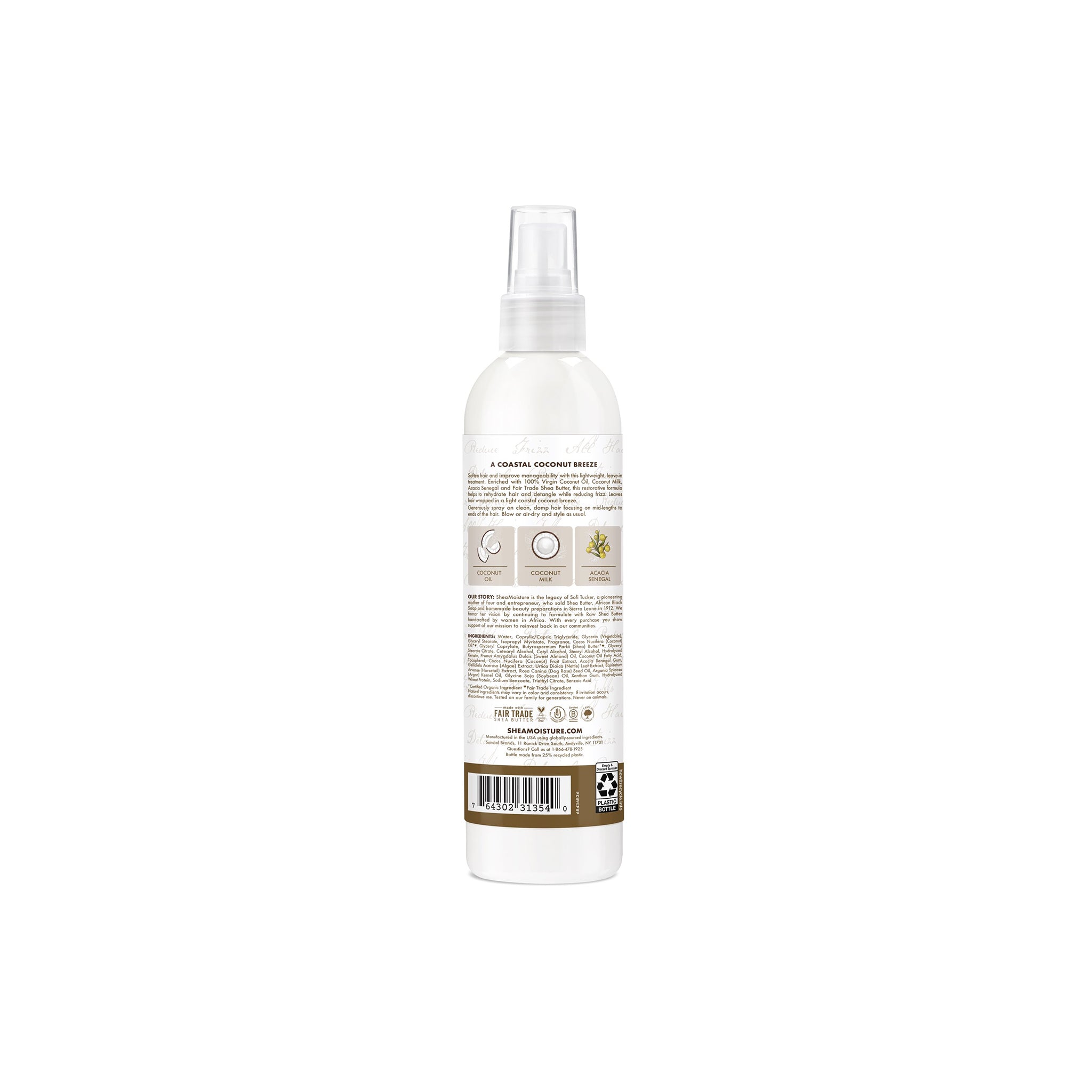Bagside af Shea Moisture 100% Virgin Coconut Oil Daily Hydration Leave-In Treatment, 237ml. Indeholder information om ingredienser, duft (A Coastal Coconut Breeze) og produkets fordele.