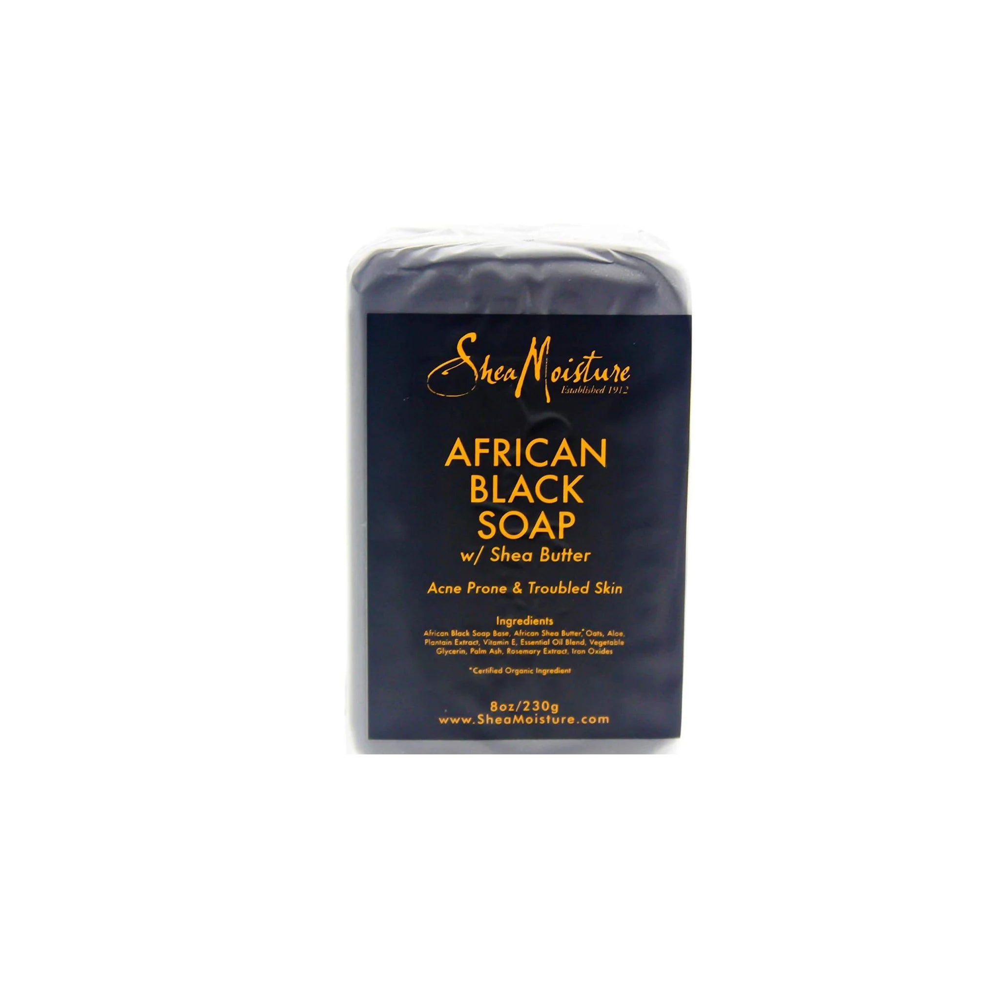 Shea Moisture African Black Soap, 230g. Sort sæbe i indpakning, velegnet til uren hud.