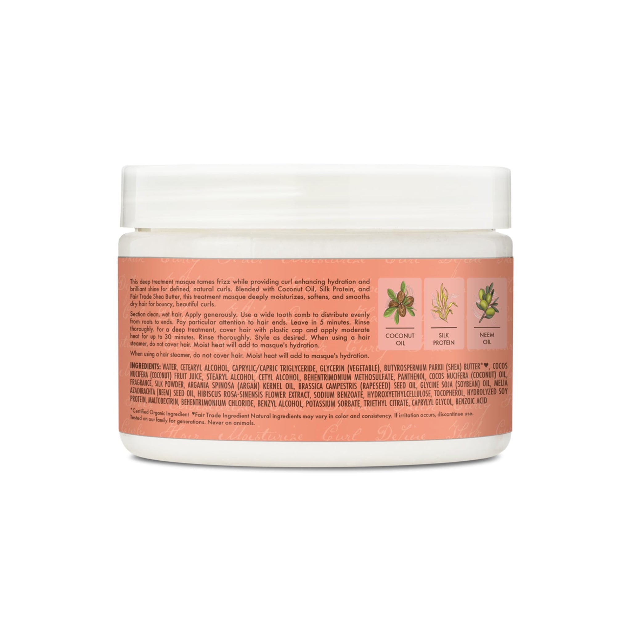 Bagsiden af en hvid dåse i plast med Shea Moisture Coconut & Hibiscus Curl & Shine Hair Masque (340 g), der viser produktbeskrivelse, brugsanvisning og fuld ingrediensliste.
