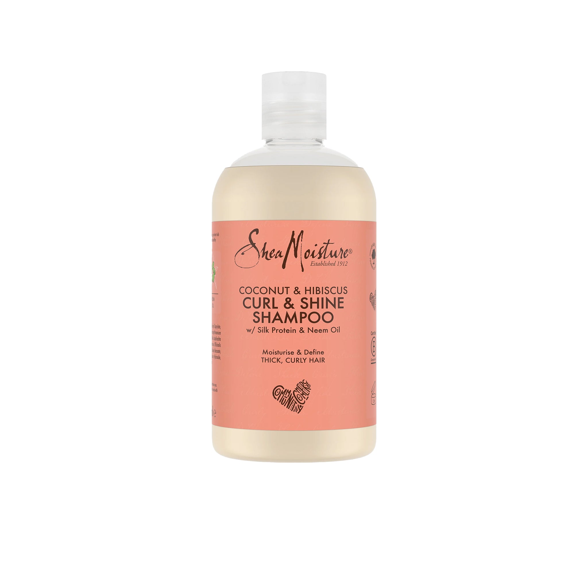 Shea Moisture Coconut & Hibiscus Curl & Shine Shampoo 384ml. Shampoo til tykt, krøllet hår med kokos, hibiscus, silkeprotein og neemolie.