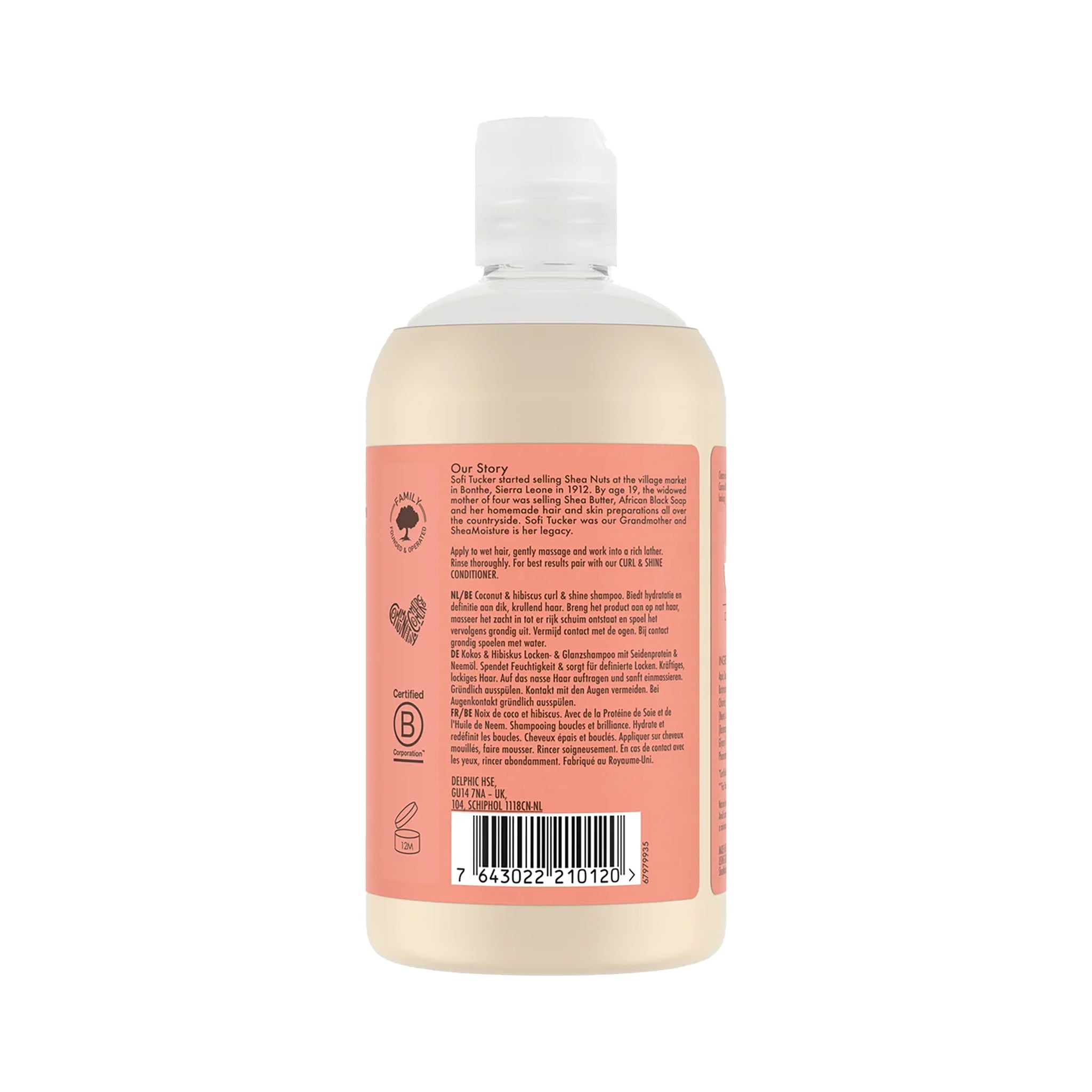 Shea Moisture Coconut & Hibiscus Curl & Shine Shampoo 384ml set bagfra med produktbeskrivelse og ingrediensliste.